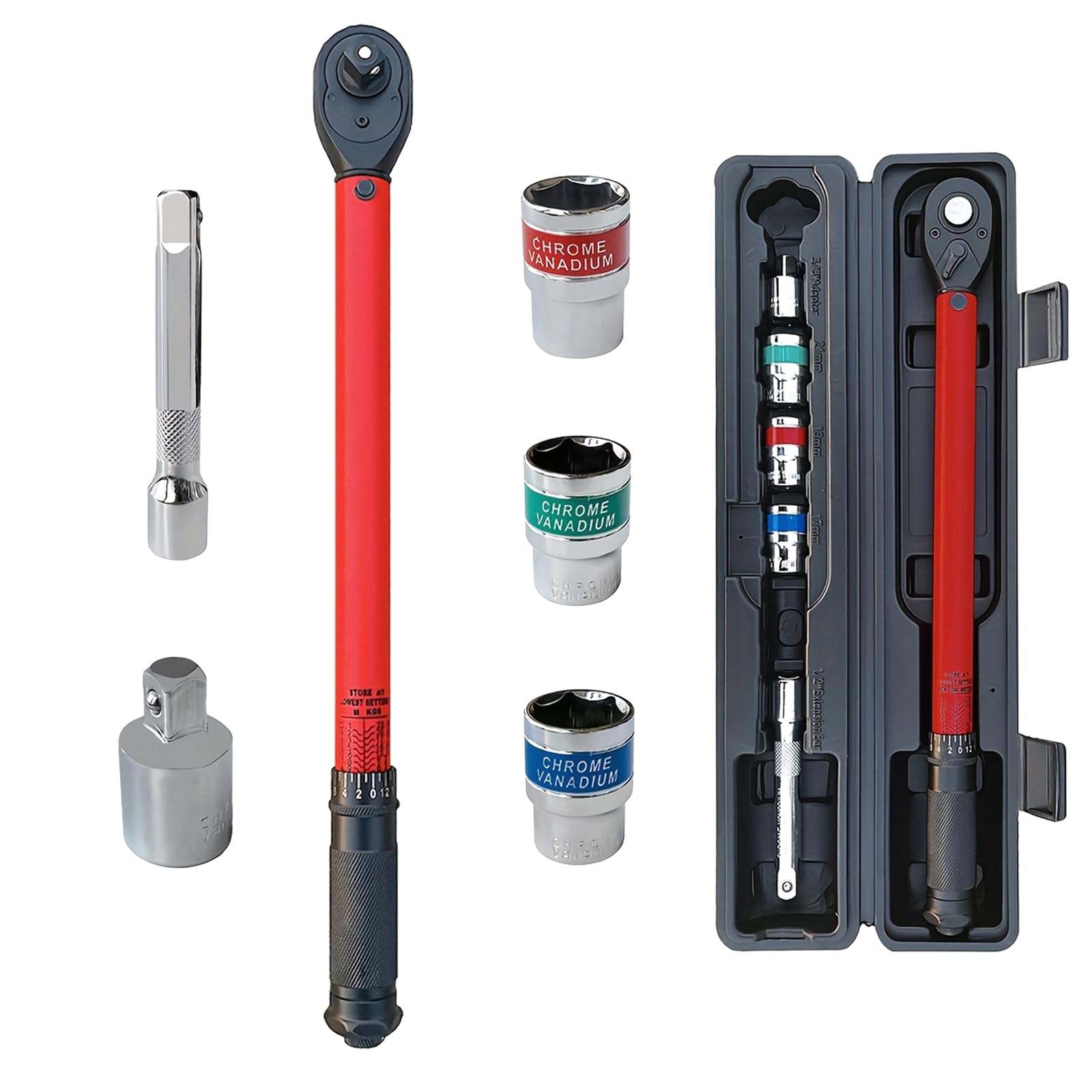 1/2" Drive Torque Wrench Set, 6Pcs Car Wheel Torque Wrench 20-230Nm with 3/8'' Adapter Dual-Direction Adjustable 72 Tooth 125mm Extension Bar & 17 19 21mm Sockets for Car Motorcycle Truck ±3% Accuracy