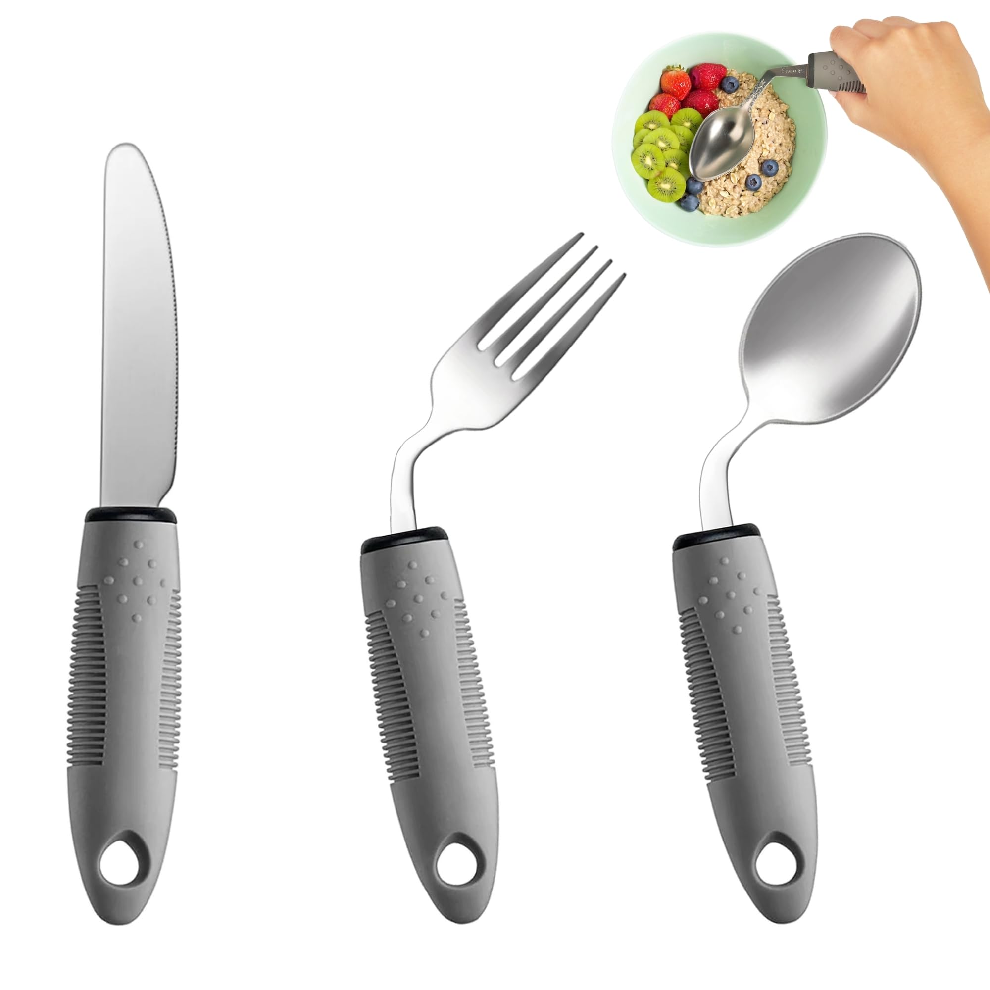 Juego de utensilios adaptativos de 3 piezas, utensilios de Parkinson en ángulo de 42°, utensilios con peso para pacientes con temblores y Parkinson, cubiertos pesados de fácil agarre para temblores de
