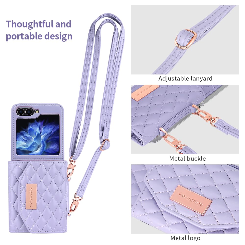 Etui portfelowe na telefon komórkowy Samsung Galaxy Z Flip 8 z wbudowaną skórzaną przegródką na gotówkę i uchwytem na karty kredytowe, regulowany pasek crossbody, ochrona zawiasów dla kobiet i