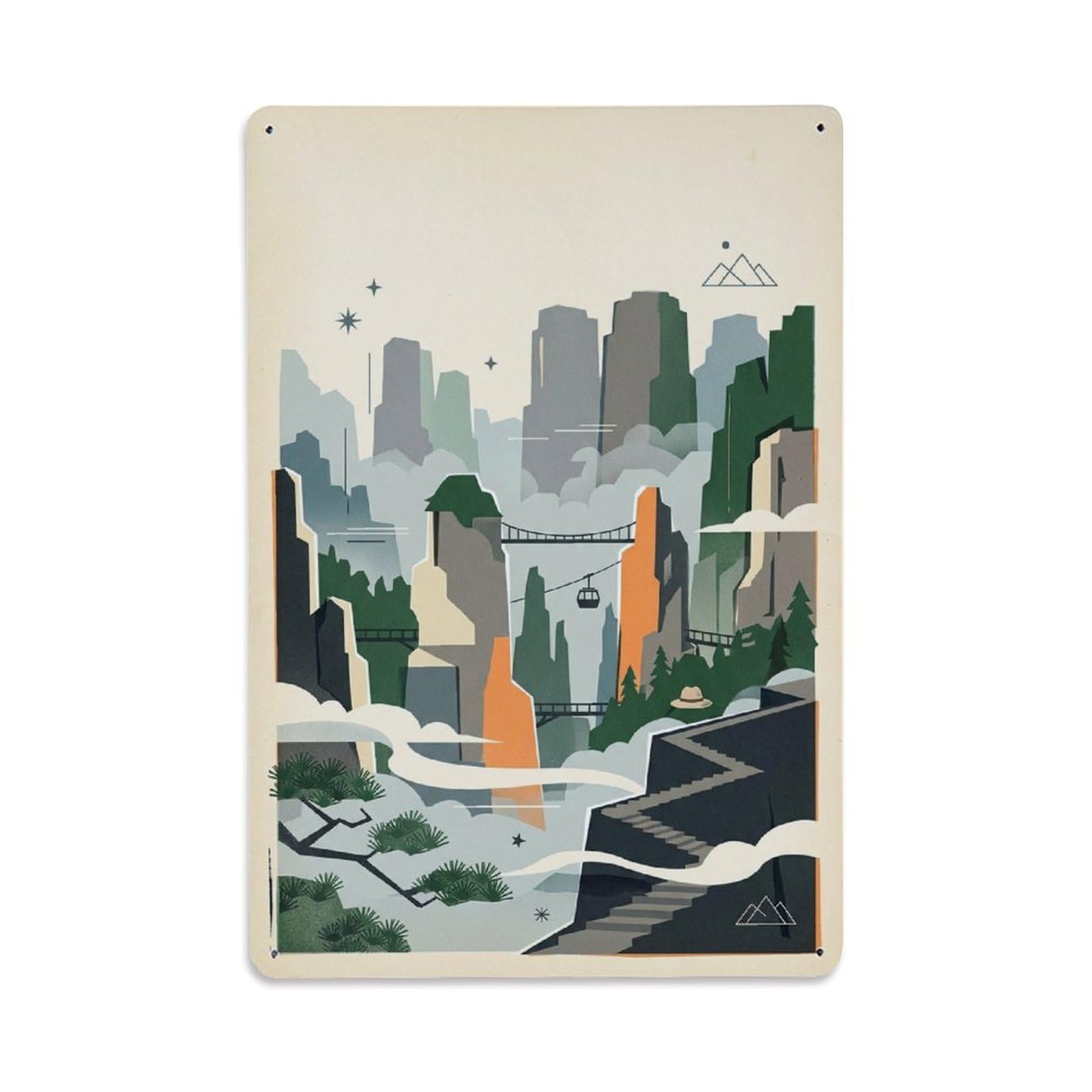 Okngb Style Chinese Zhangjiajie Travel Graphic Minimalist Mosaic Metal Tin Sign Plaque Wall Decor For Cafe, Man Cave, Club Bar, Office, Home Garden Round Metal Poster 8X12inch