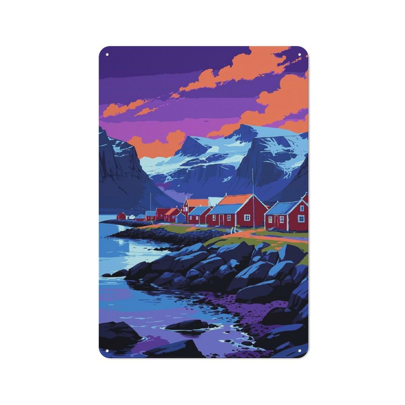 Junmoney Style-16 Coastal Village Landscape With Mountains Retro Metal Sign 30X20cm For Café Or Restaurant, Gift For Restaurant Decor Fans During The Christmas Season