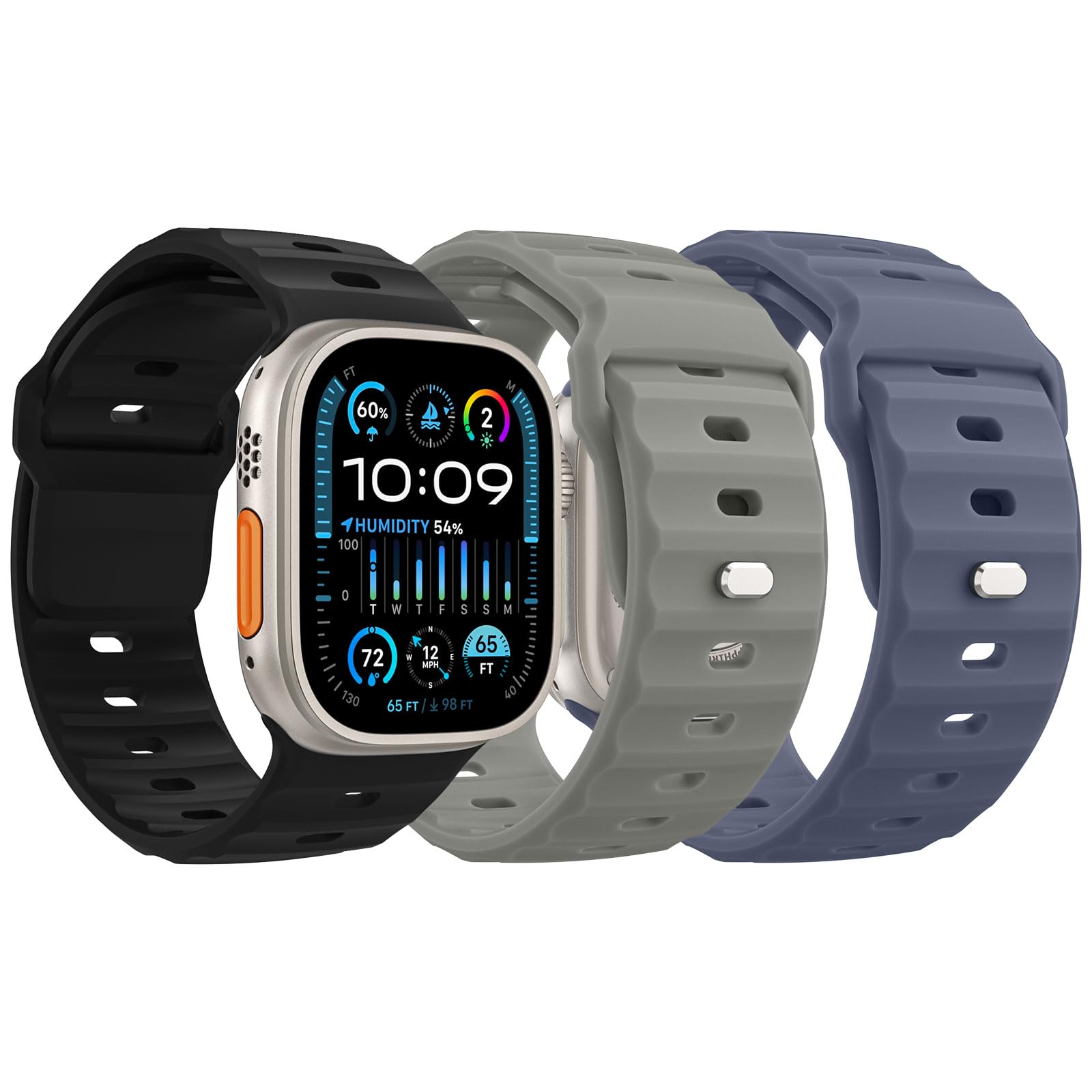 MoKo 3Stück Ozean Armbänder Kompatibel mit Apple Watch Ultra 3/2/1 49mm,S11/S10 46mm,9/8/7 45mm,SE3/SE2/SE/6/5/4 44mm,3/2/1 42mm,Wasserdicht Silikon Sport Armband für Herren Damen,S/BG/S