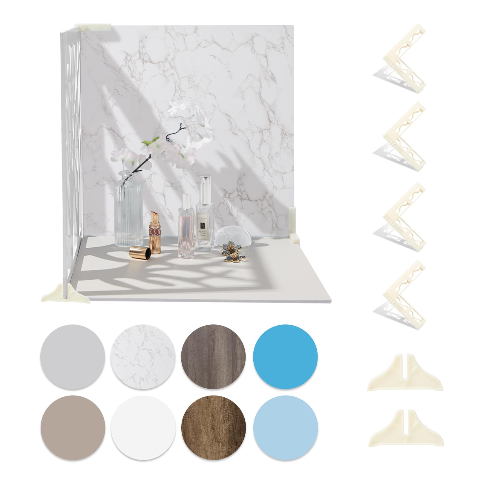 16x16 Inch 4PCS Double Sided Backdrop Boards Waterproof Photo Backdrop with 4PCS Board Brackets, 2PCS Pane Brackets, 1PCS 16x16 Inch Window Shadow Board Pane for Food, Cosmetics Photo Shooting