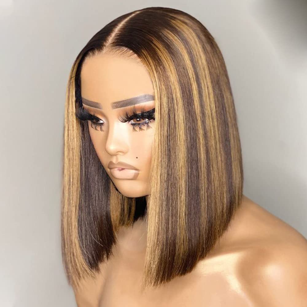 Highlight Short Bob Wig Human Hair Ombre Brown Honey
