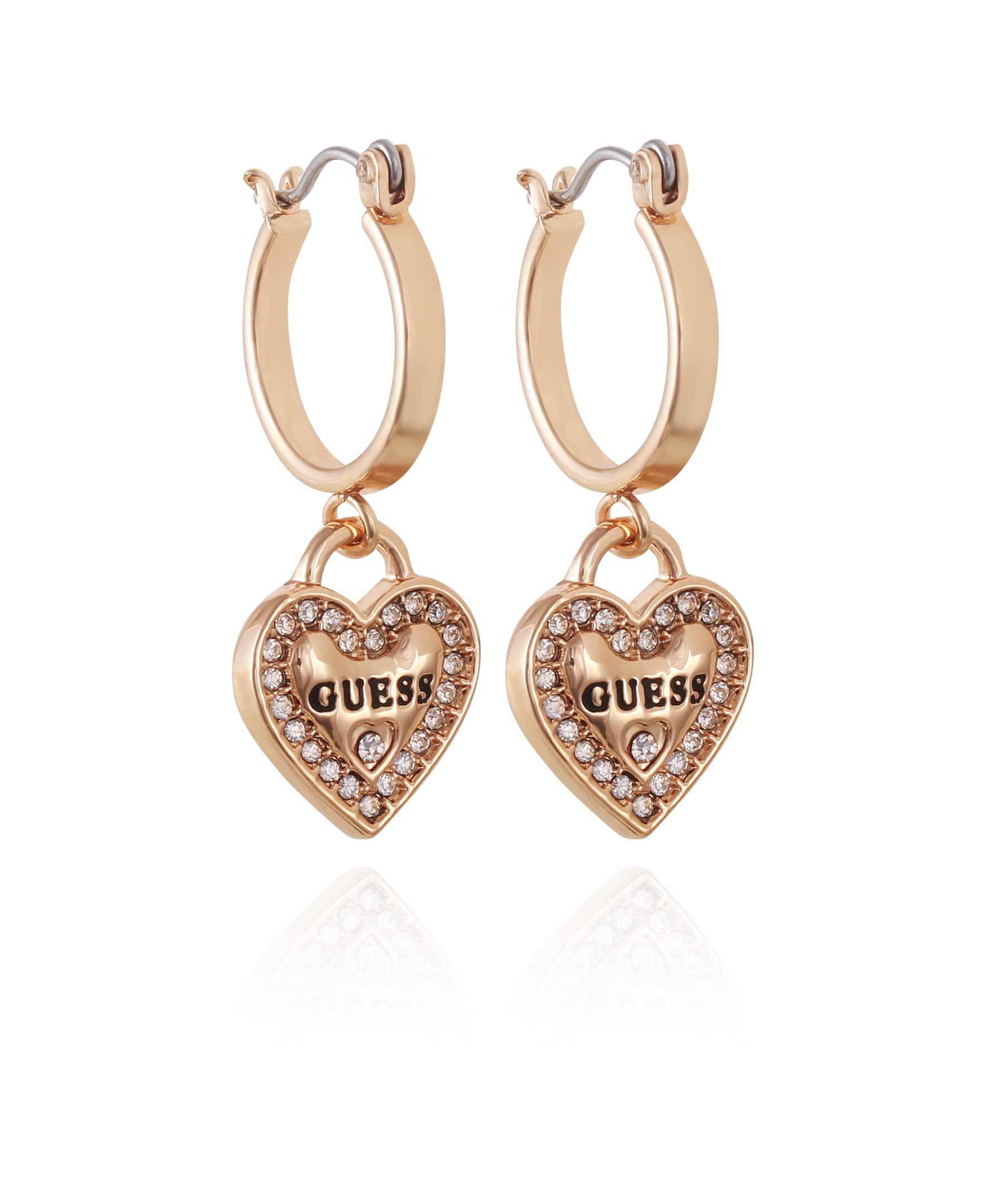 Goldtone Logo Heart Dangle Charm Hoop Earrings, ONE SIZE, Non-Precious Metal, No Gemstone