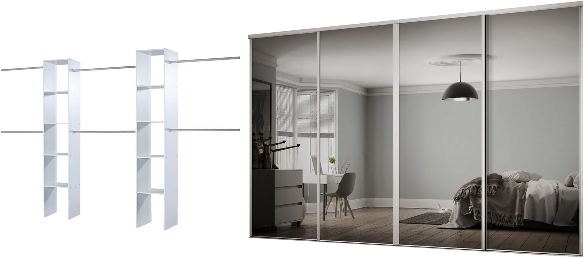 Sliding Wardrobe Doors White Frame Mirror | 4 Door Modern Sliding Door Wardrobe with Full Length Mirror Wardrobe Panels BSEN12600 | Closet for Bedroom | Ideal for 2260mm x 3606mm opening