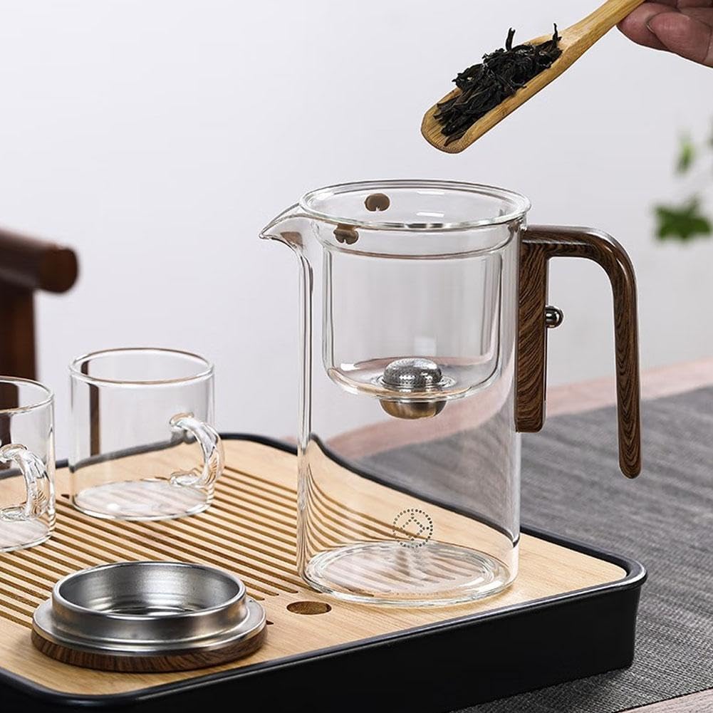 Teiera in vetro con infusore a pressione, teiera incantata 2 in 1, con manico in legno, regalo per gli amanti del tè, colore bianco, 720 ml