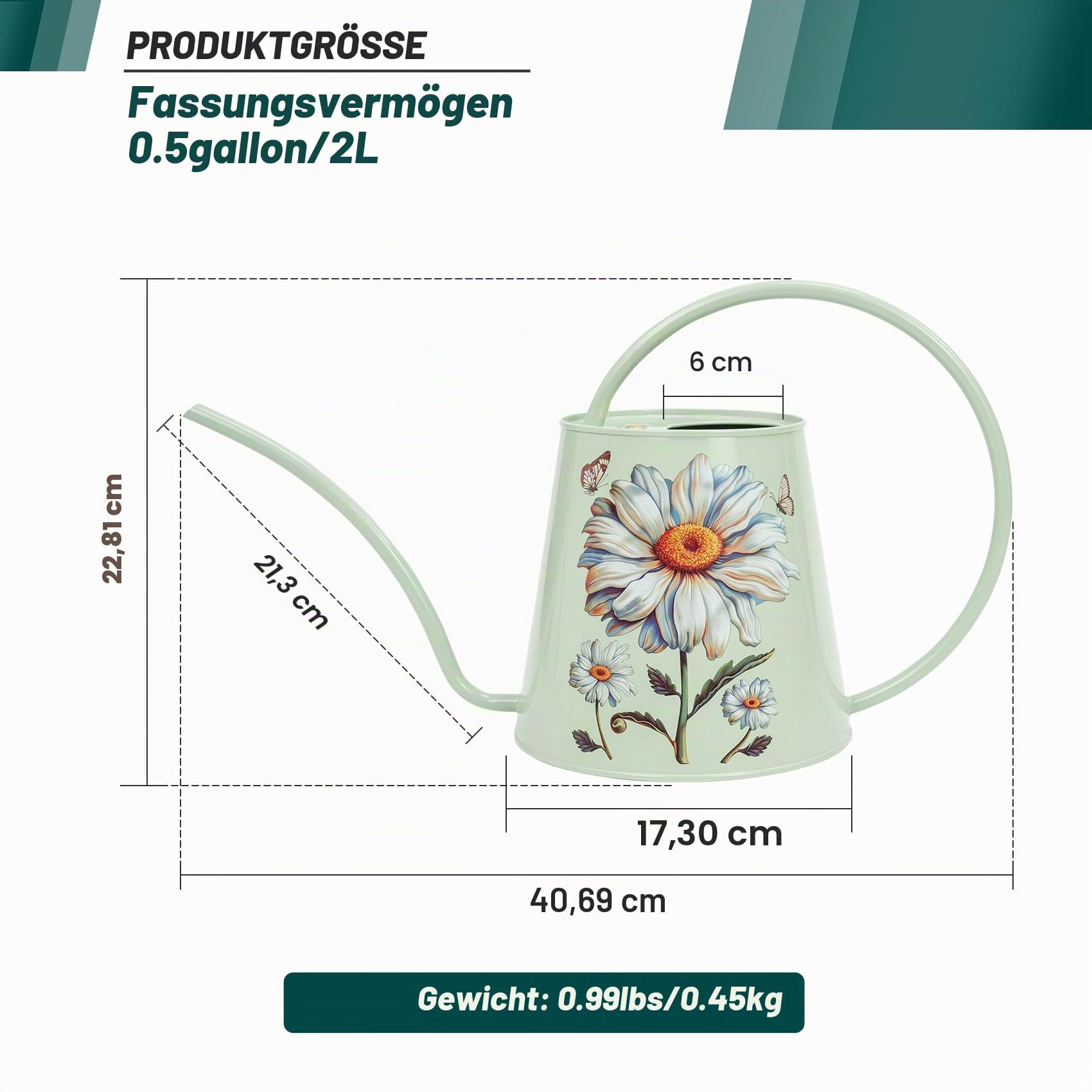 Berry&Bird Edelstahl-Gießkanne – für drinnen und draußen, große Gießflasche mit langem Auslauf, kein Tropfen, Zimmerpflanzen-Gießkanne für Blumen, Bonsai, Sukkulenten (2 l/Gänseblümchen)