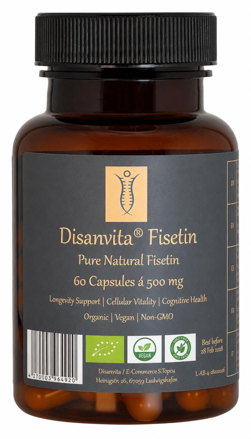 Fisetin | Qualité supérieure testée en laboratoire | Gélules de 500 mg avec une pureté de 99,7%