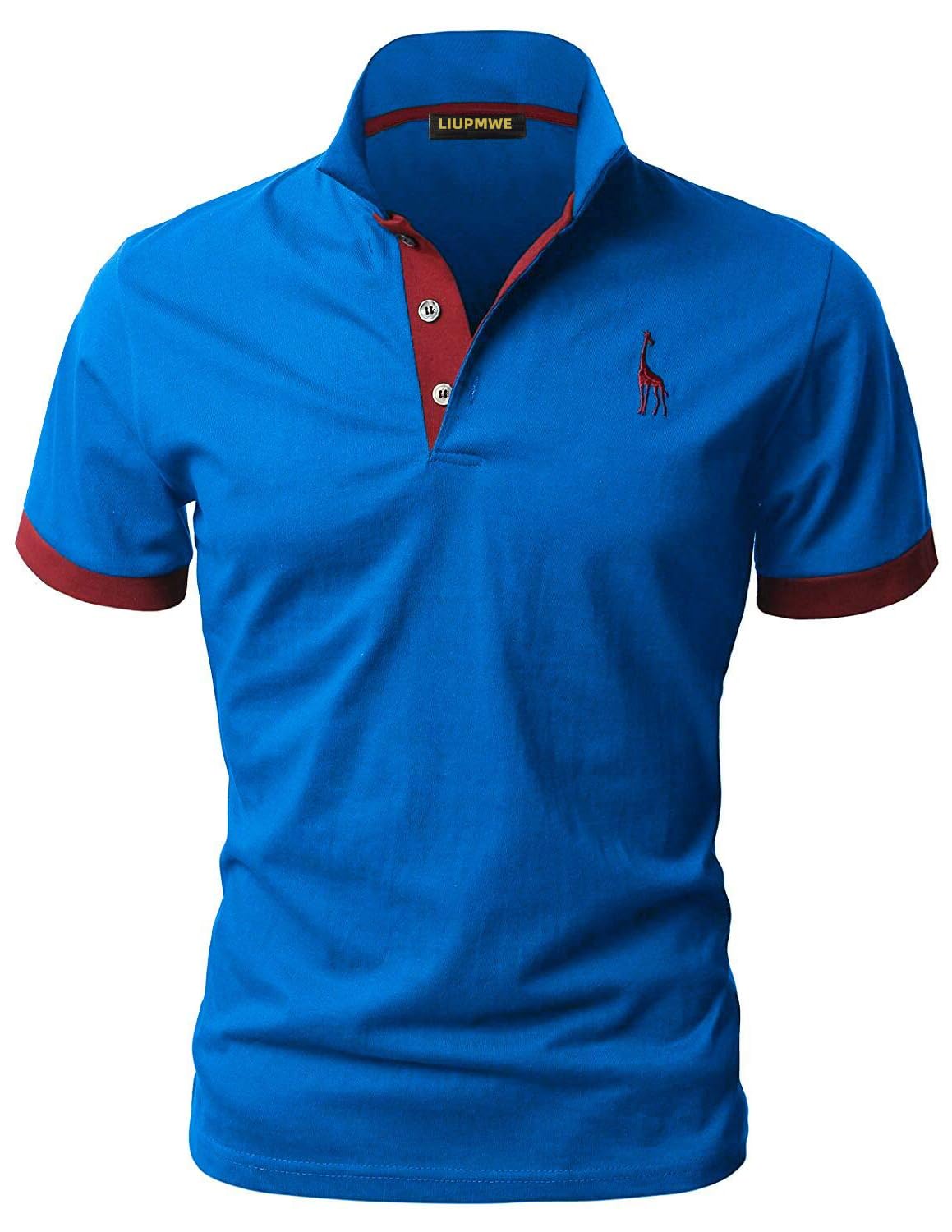 LIUPMWE Poloshirt Herren Kurzarm Baumwolle Einfarbig Basic Golf T-Shirt Giraffe Stickerei Polohemd Sommer,Blau 1+Rot 1,XXL