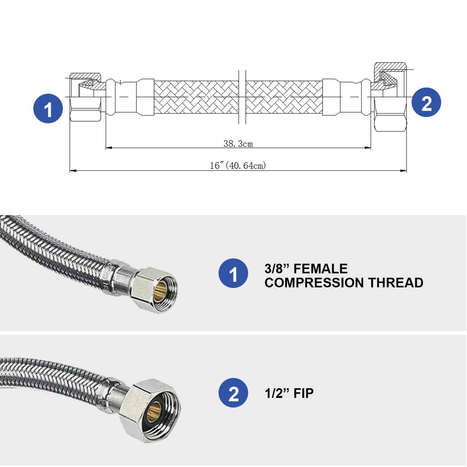 Juego de conectores de grifo, kit de línea de suministro de agua con 2 unids 1/2 "ángulo de ajuste de presión topes y 2 unids 16" línea de suministro de agua de acero inoxidable