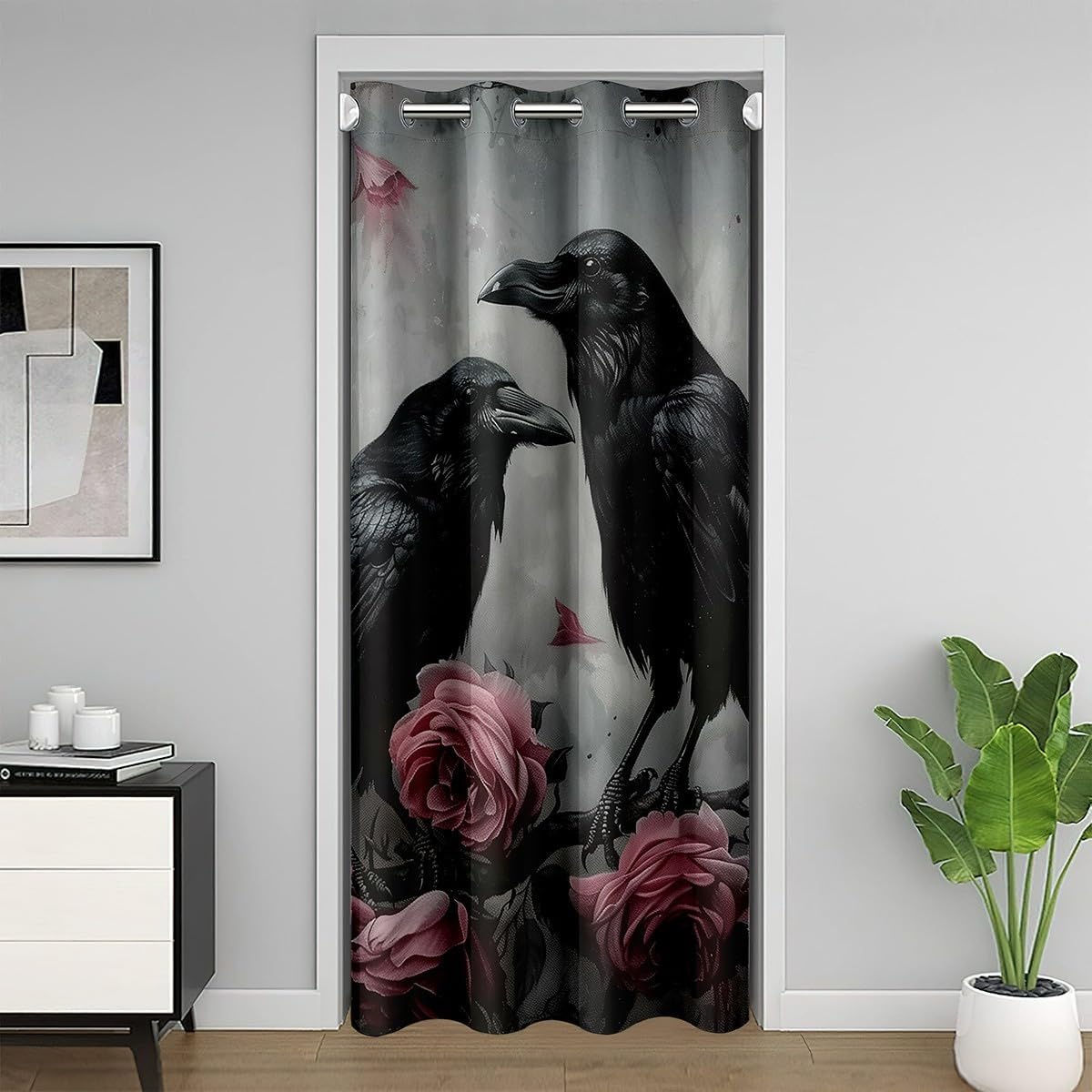 Erosebridal Black Raven Door Curtain for Doorway Privacy Halloween Animal Blackout Curtain Gothic Crow Bird Wildlife Door Drape red Vintage Romantic Rose Window Treatment 34" W x 80" L