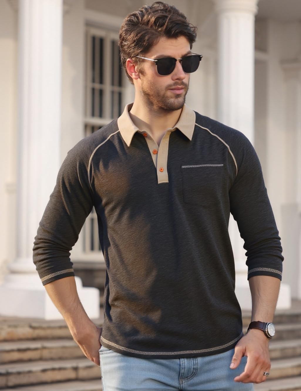 Mens Long Sleeve Polo Shirts with Pocket Fashion Casual Classic Collared Golf Shirt - Image 2