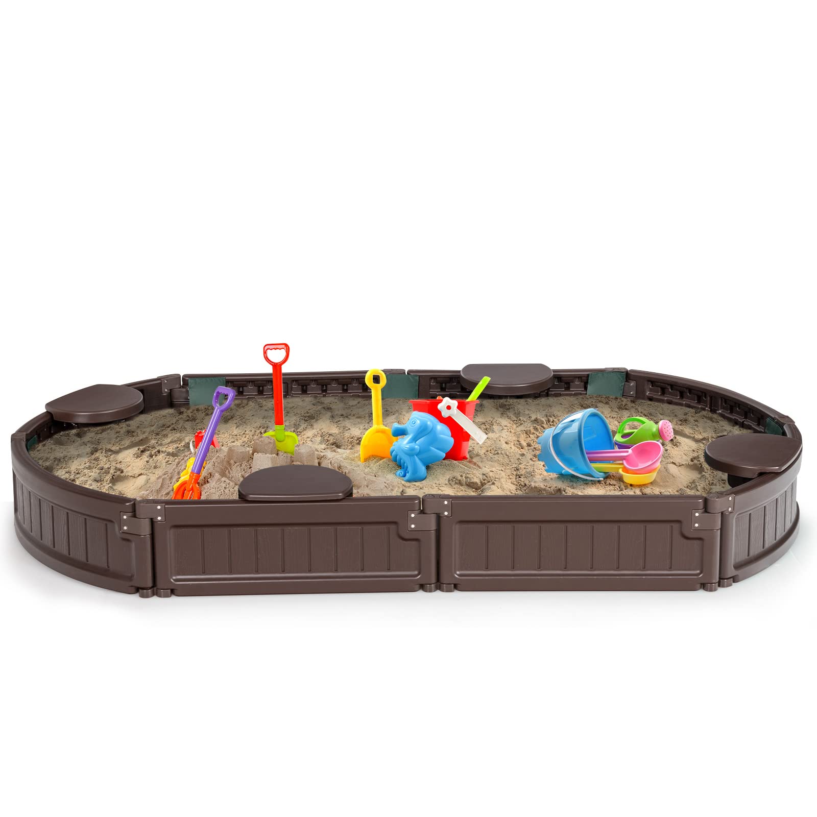 COSTWAY Arenero Infantil Elíptico 183 cm, Arenero con Cobertura Impermeable, Cobertura Inferior y Asientos Incorporados en los Ángulos, para 4 Niños, Kit Arenero de Exterior para Patio (elípticio)