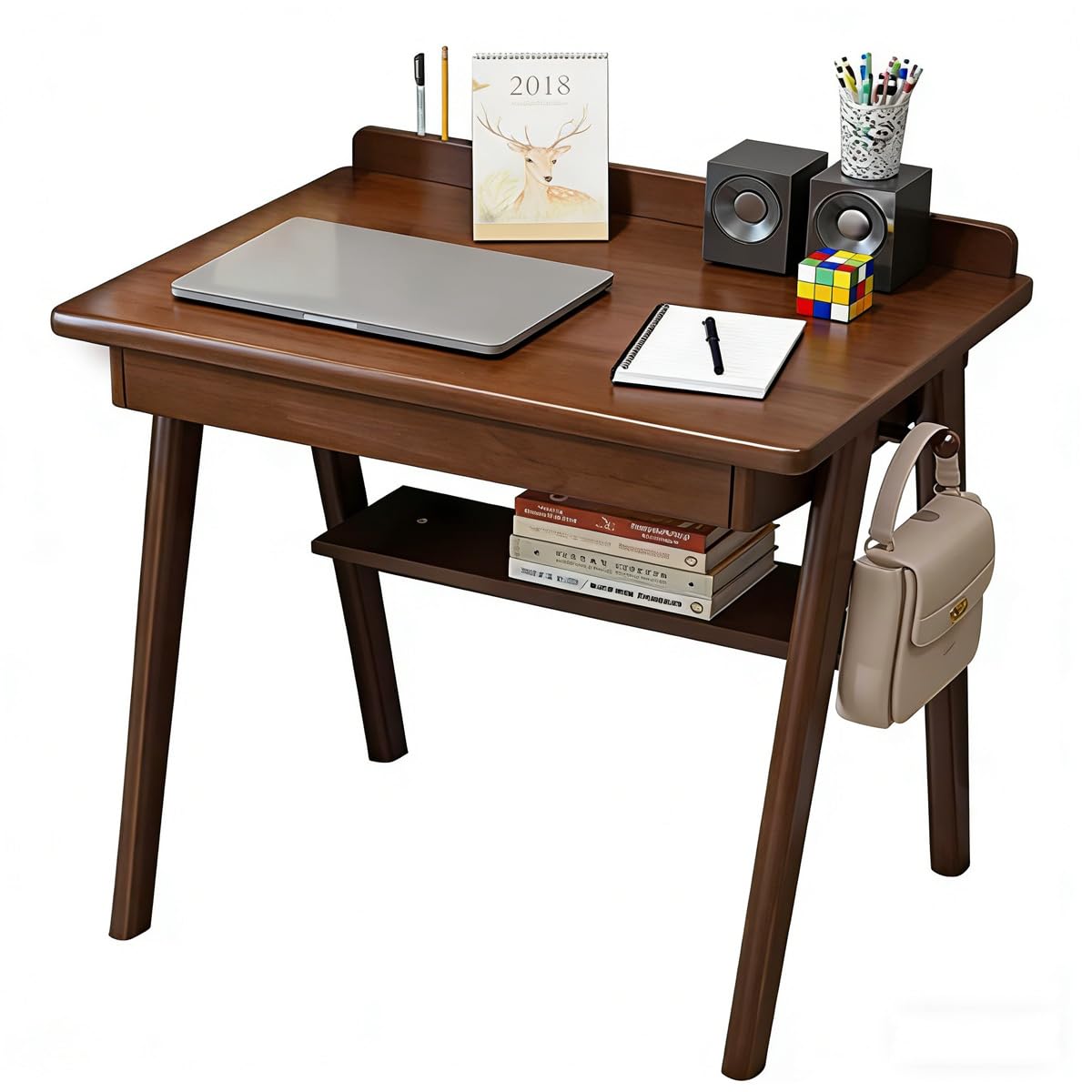 Scrivania in legno con cassetti e ripiani, scrivania compatta per casa e ufficio con asta per appendere, piccola scrivania per computer per camera da letto, tavolo da studio moderno con spazio per