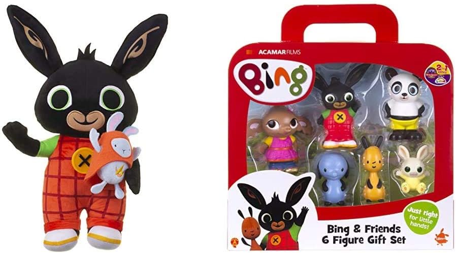 Light Up Talking Bing Soft Toy with Hoppity, 36cm & Bing 3519 & Friends 6 Figure Gift, Set