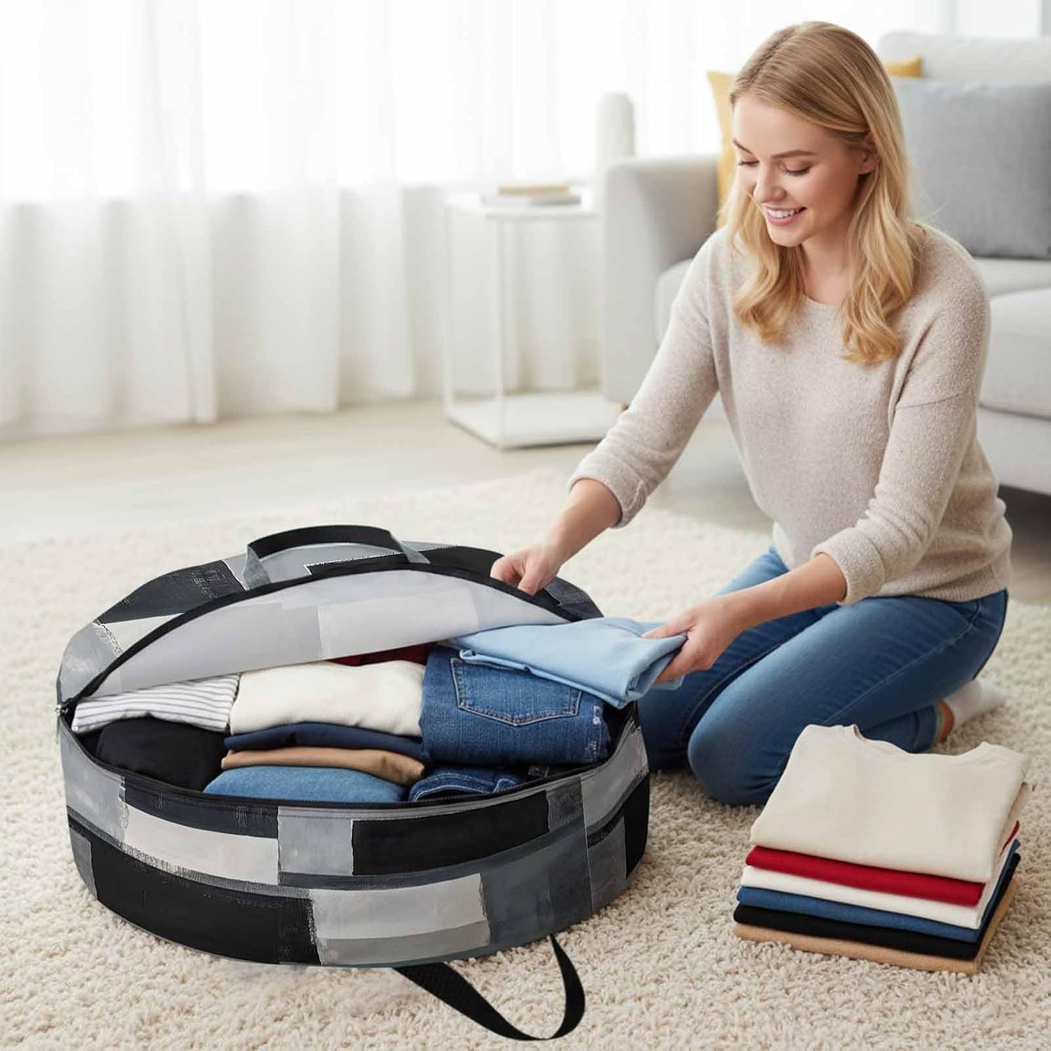 Black Grey Round Storage Bag 36 Inch, Modern Abstract Art Geometric Clothes Storage Container with Handles Heavy Duty Organizer for Comforter, Bedding & Holiday Wreaths