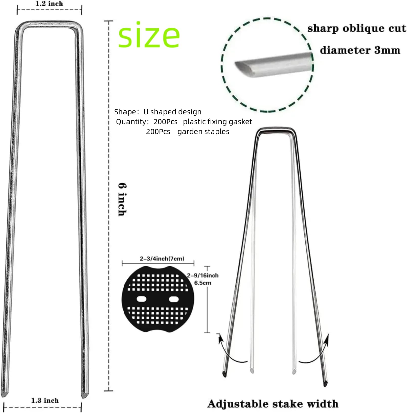 Lot de 200 agrafes de jardin + 200 joints, agrafes de paysage de pelouse de 15,2 cm de calibre 11 galvanisées en forme de U, goupilles de sol robustes pour décoration de tissu de gazon