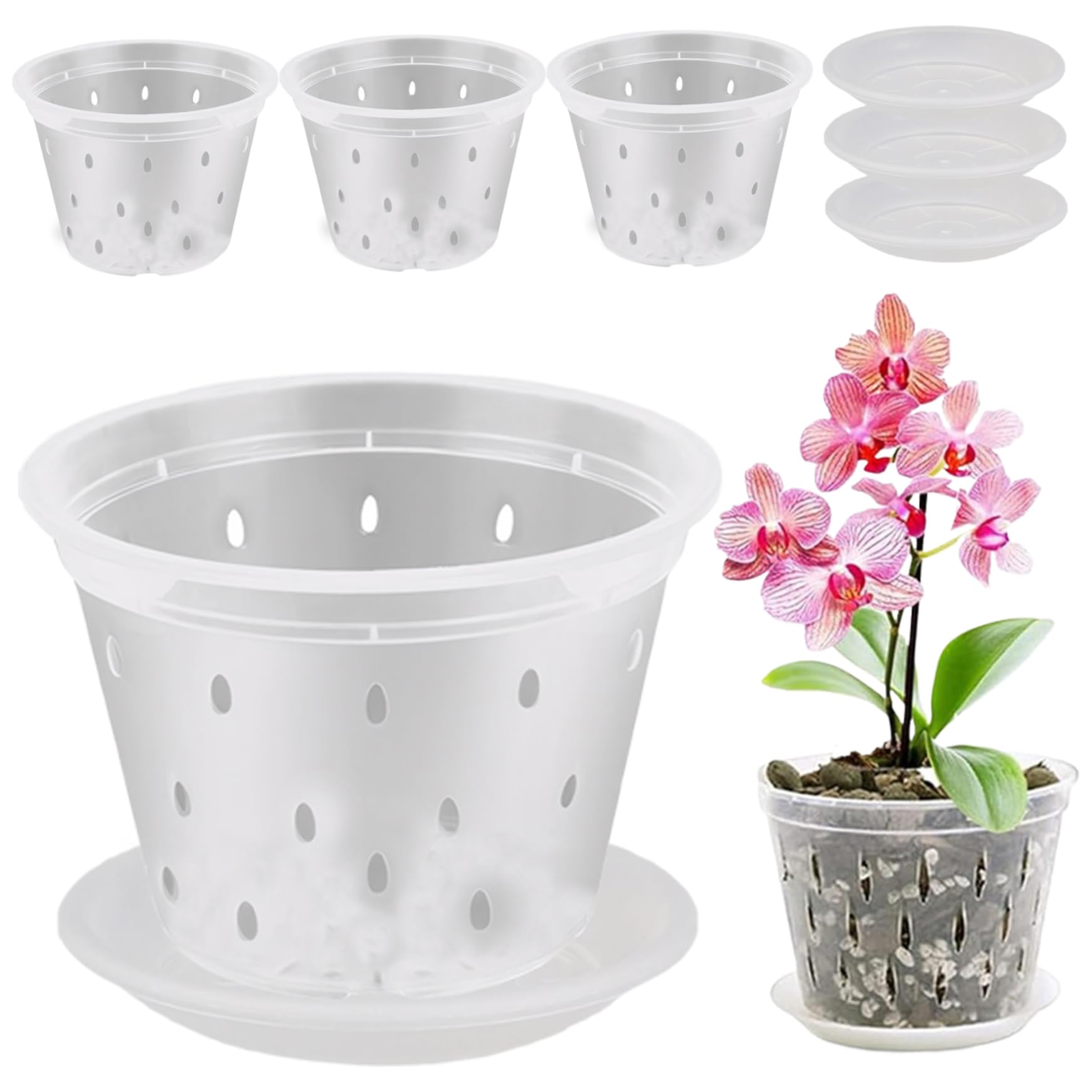 4Set Orchid Pots with Holes and Tray 4 Inch Tall Clear Plant Pots with Drainage Plastic Clear Pots for Plants for Indoor Outdoor Potted Flowers Plants Clear Pots for Plants Plant Pots Indoor Clear Pla