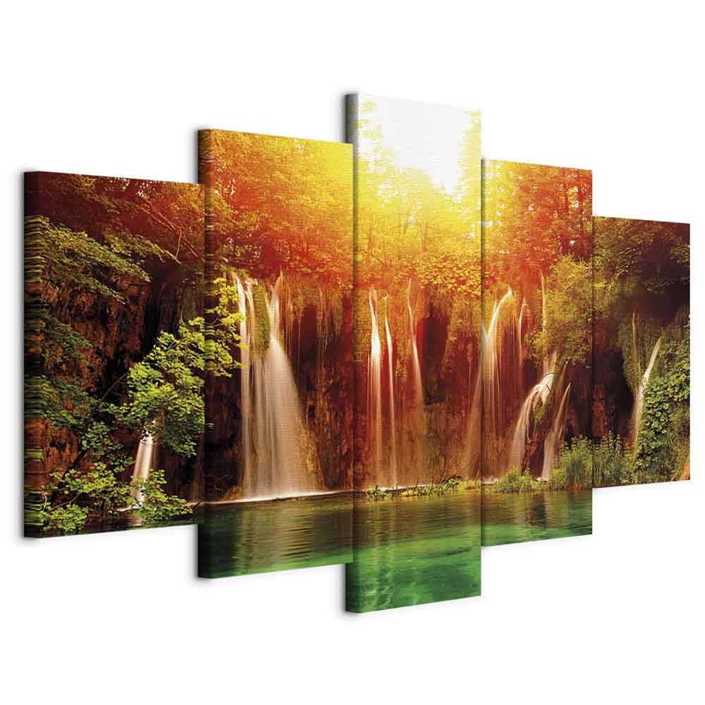 B&D XXL Wandbild 200x100 Cm - 5-teiliges Leinwandbild Wald Wasserfall Design