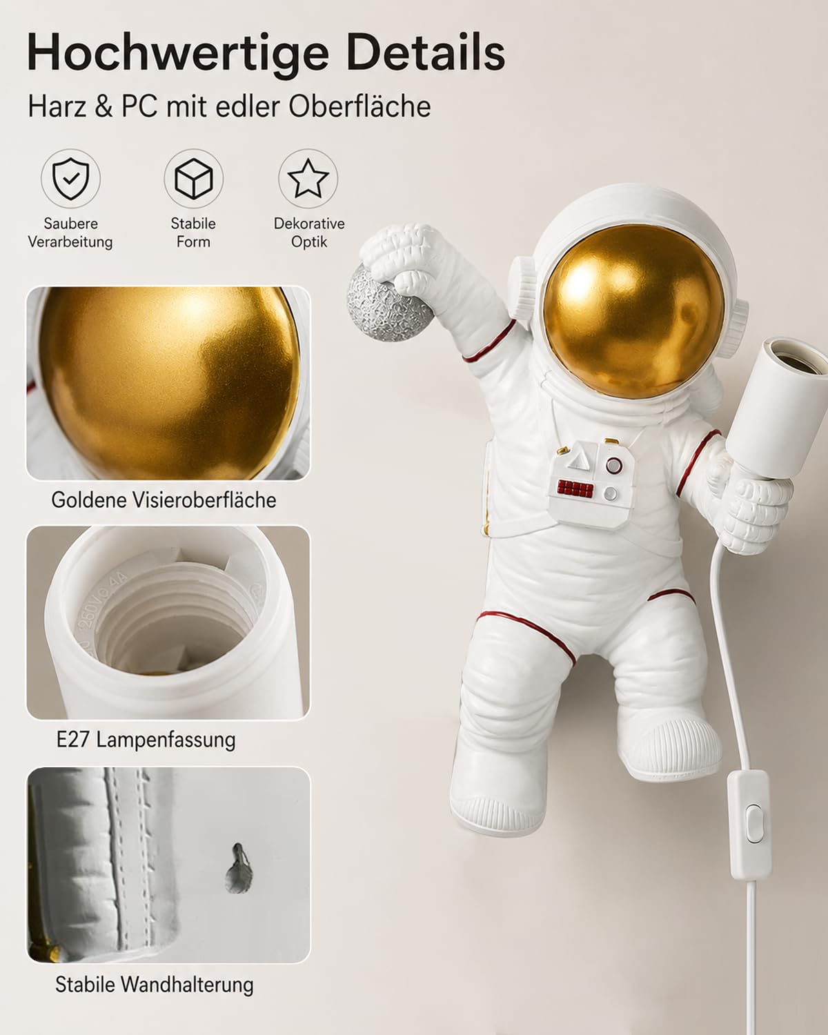 FREEUP Lámpara de pared moderna con enchufe y cable, lámpara de pared infantil para niños niñas, luz nocturna astronauta E27 luz de pared, blanco
