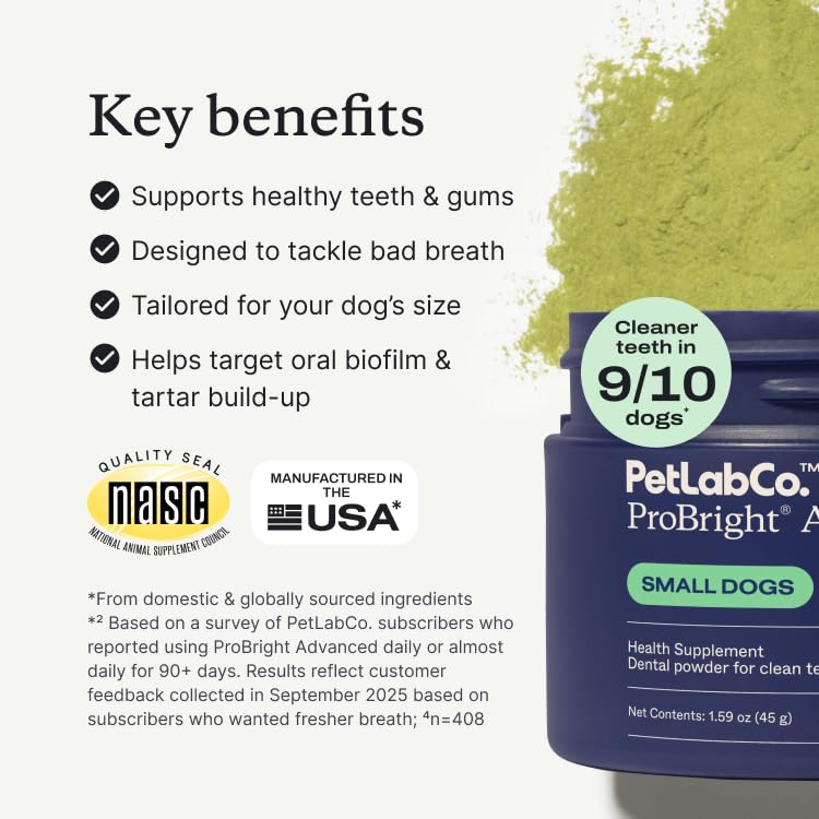 Image of PetLab Co. ProBright Advanced Dental Powder - Dog Breath Freshener - Teeth Cleaning Made Easy - Targets Tartar & Bad Breath - Packaging May Vary - Formulated for Small Dogs
