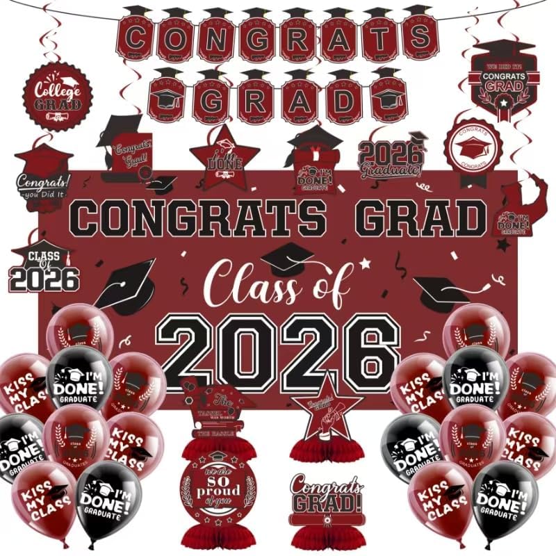 2026 Graduation Decorations Set- Class of 2026 Grad Party Decorations, Congrats Grad Banner, Backdrop, Grad Hanging Swirl, Balloons and Honeycomb Table Toppers, Graduation Party Supplies(Maroon)