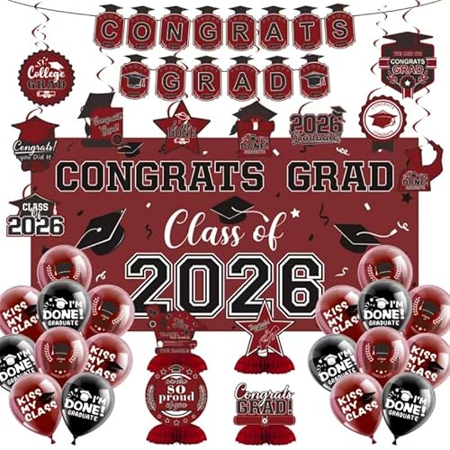 2026 Graduation Decorations Set- Class of 2026 Grad Party Decorations, Congrats Grad Banner, Backdrop, Grad Hanging Swirl, Balloons and Honeycomb Table Toppers, Graduation Party Supplies(Maroon)