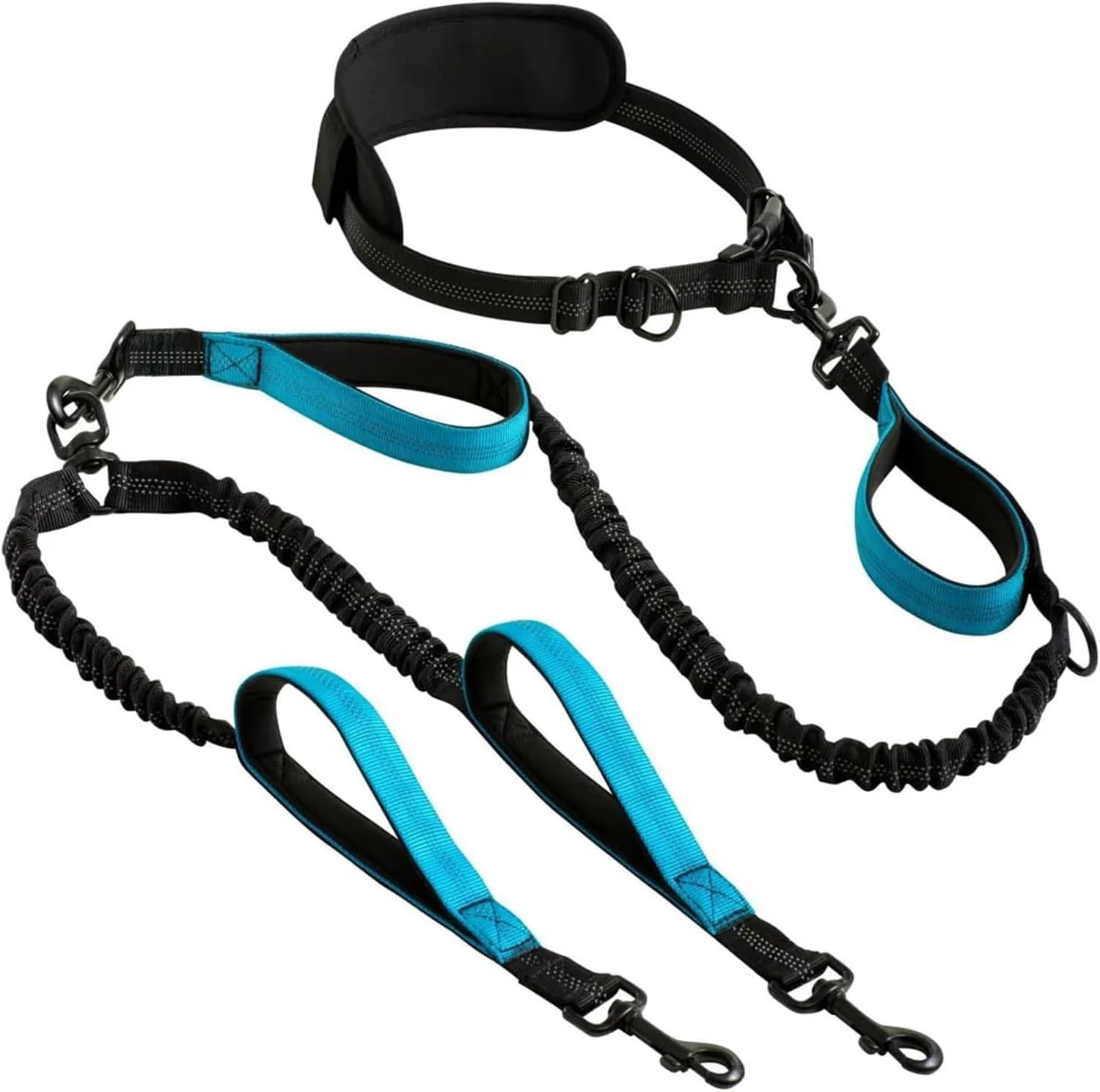 Two Dog Leash with Waist Belt Padded Handles Double Dogs Collar Leashes ，Compatible for Small Medium Large Jogging Running Walking(Blue Handle)