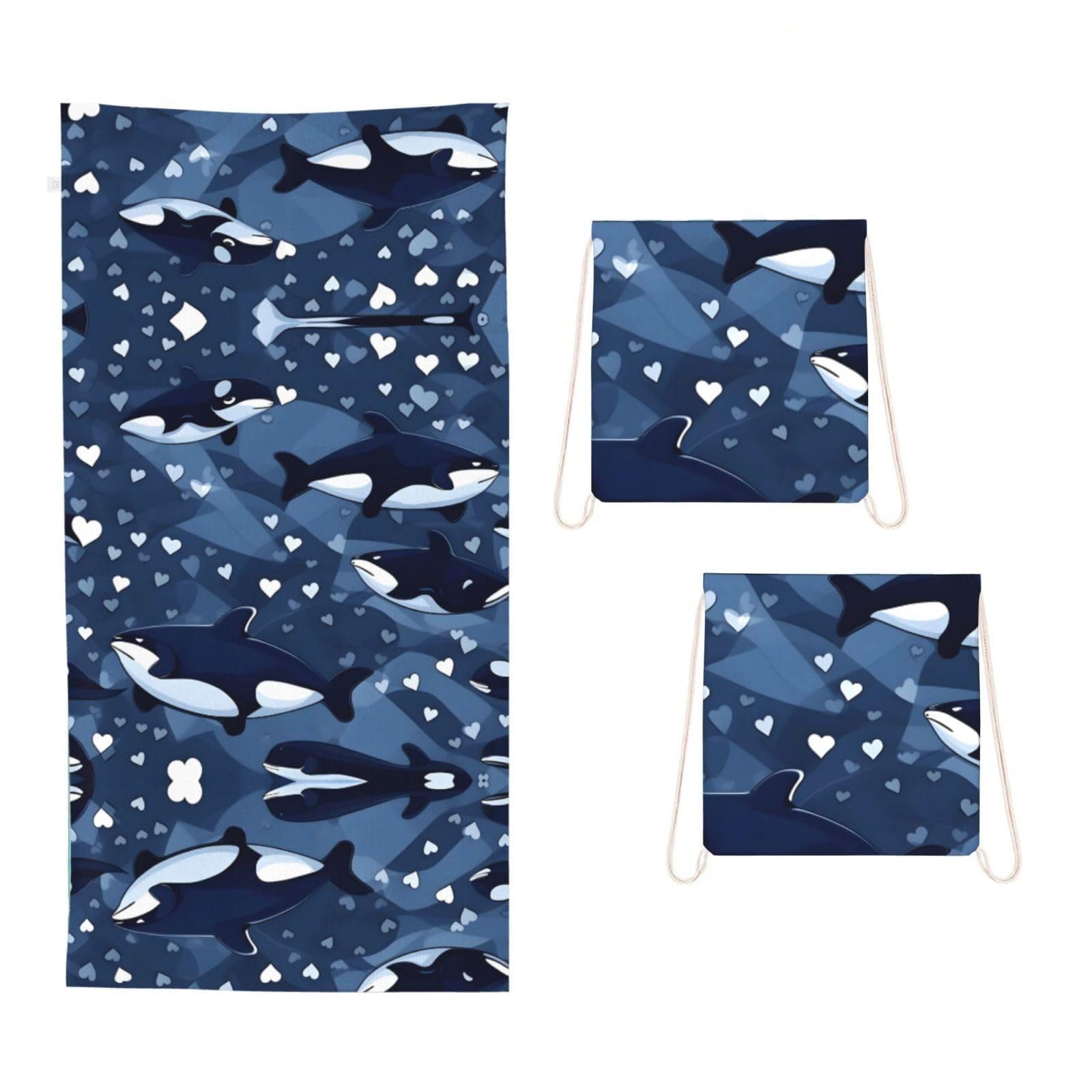 CNTDBU Blue Killer Whale 2 in 1 Packable Towel Bag-Large Beach Towel with Stuff Sack, Super Absorbent Microfiber Travel Towel for Pool