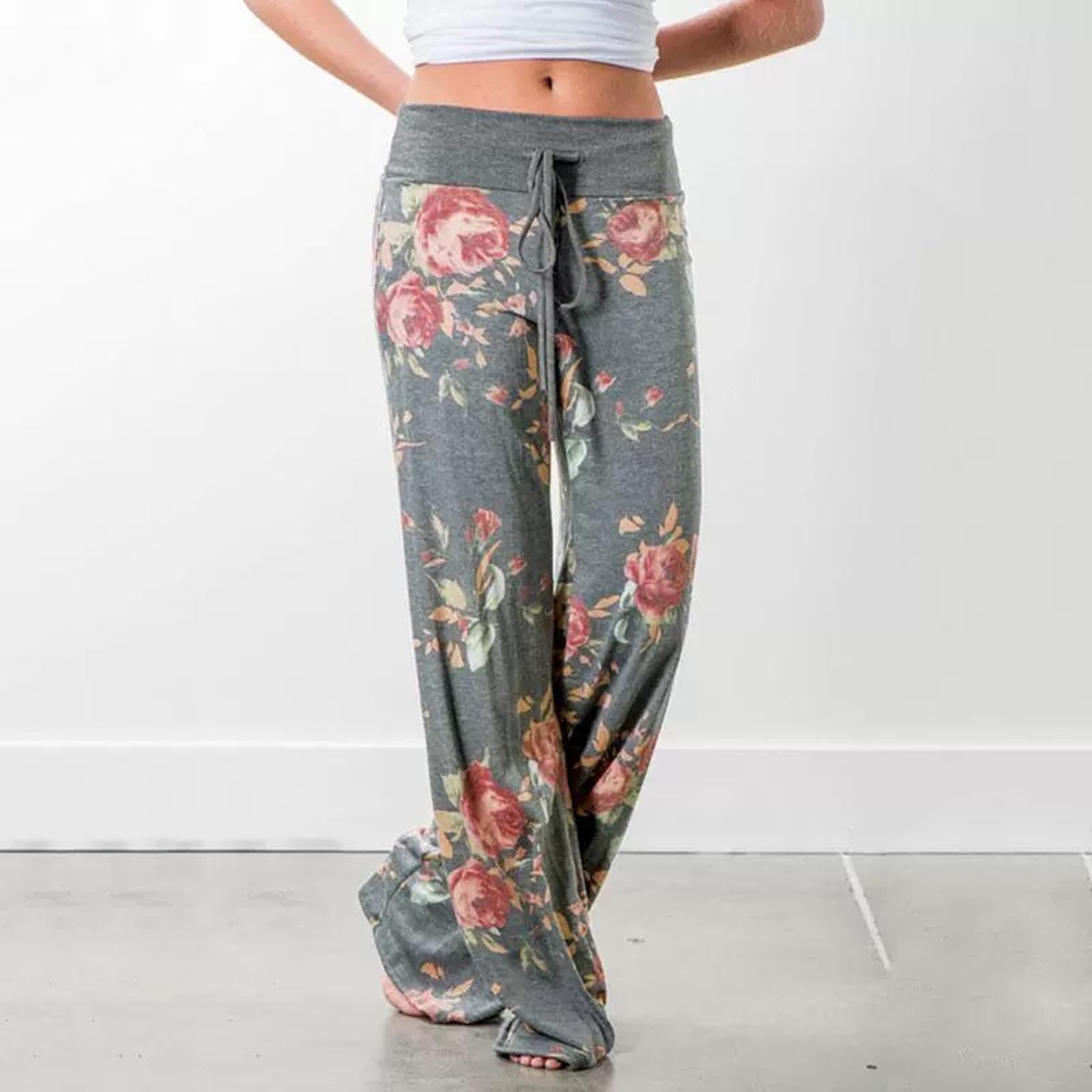 AMYTIS LINGERIE Damskie spodnie do jogi, spodnie piżamowe, miękkie spodnie piżamowe, spodnie fitness, długie, rozciągliwe, ze ściągaczem, spodnie rekreacyjne, spodnie plażowe, szerokie nogawki
