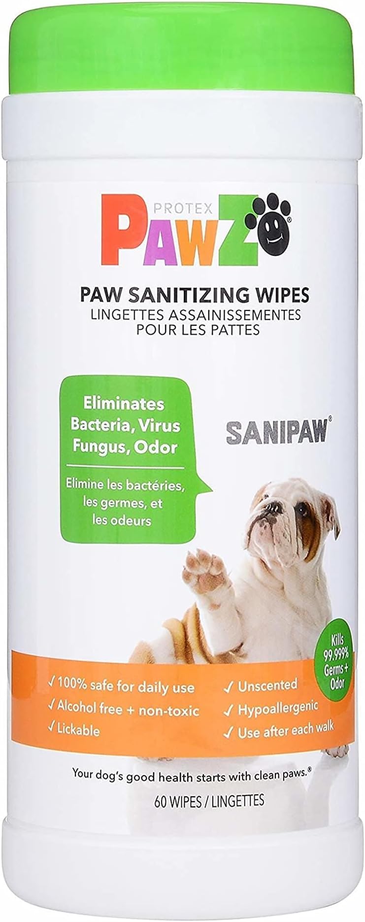 SaniPaw Odor Eliminating Dog Paw Wipes (60 Wipes) Cleansing Dog Grooming Wipes, Simple & Safe Lickable Ingredients - Paw Cleaner for Dogs, Pet Wipes