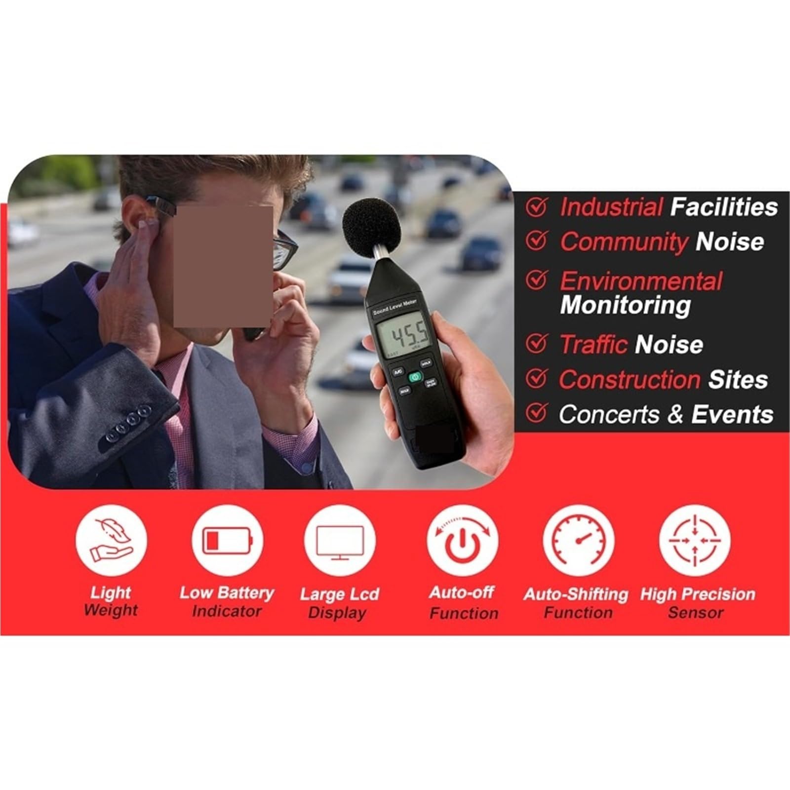 Medidor Decibelios, Lector digital de decibelios y sonómetro tipo 2 con certificado de calibración. Dispositivo de medición ambiental.