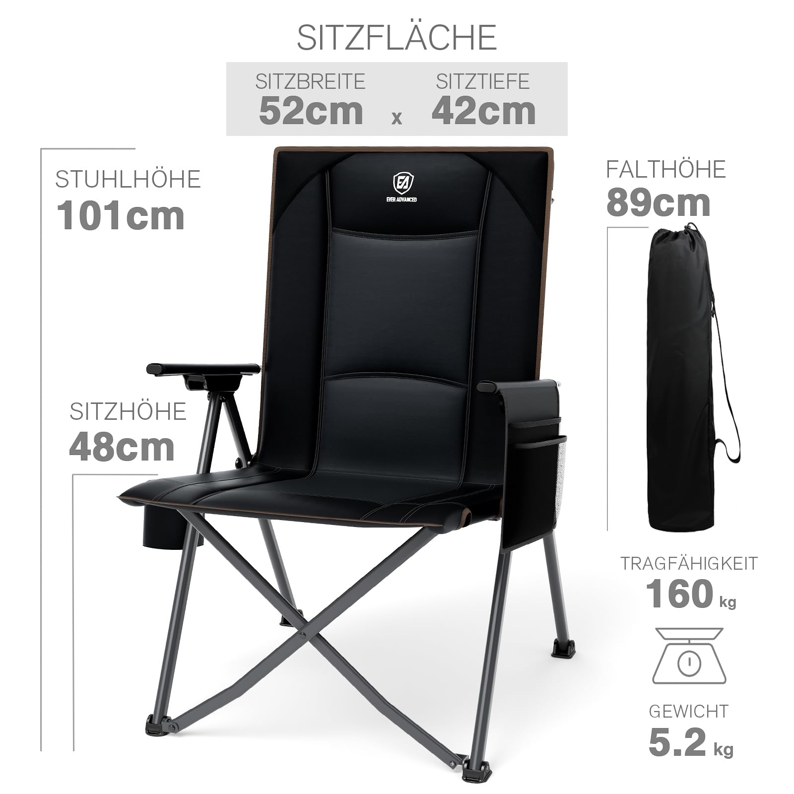 EVER ADVANCED Campingstuhl Faltbar Rückenverstellbar in 4 Positionen 160KG Belastbar, Klappstuhl Recliner Campingstuhl Klappbar mit Seitentasche & Getränkehalter, Angelstuhl für Camping Garten Balkon