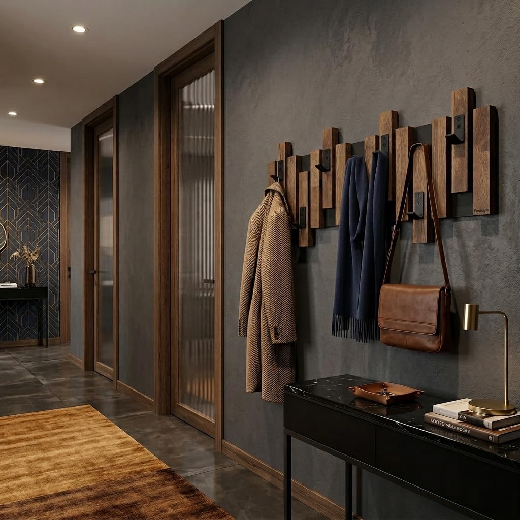 Perchero de pared de madera de roble, diseño de lamas, color negro, moderno, natural, 2 dimensiones (80 cm, marrón)