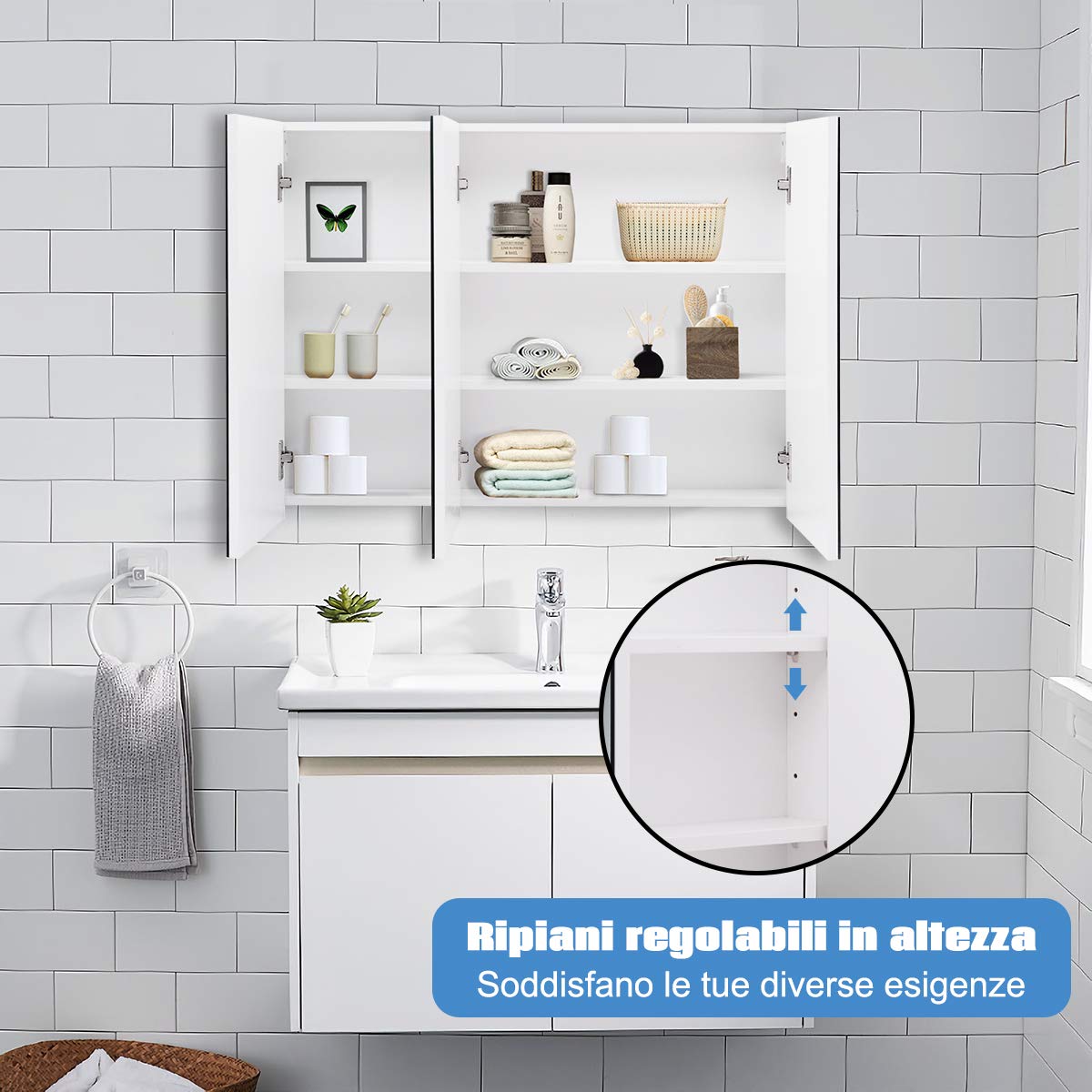 COSTWAY Armadietto Specchio Bagno con 3 Ante, 90 x 65 x 11 cm, Specchiera Bagno a Parete con Mensole Regolabili, Specchiera con Contenitore Salvaspazio per Ingresso e Soggiorno