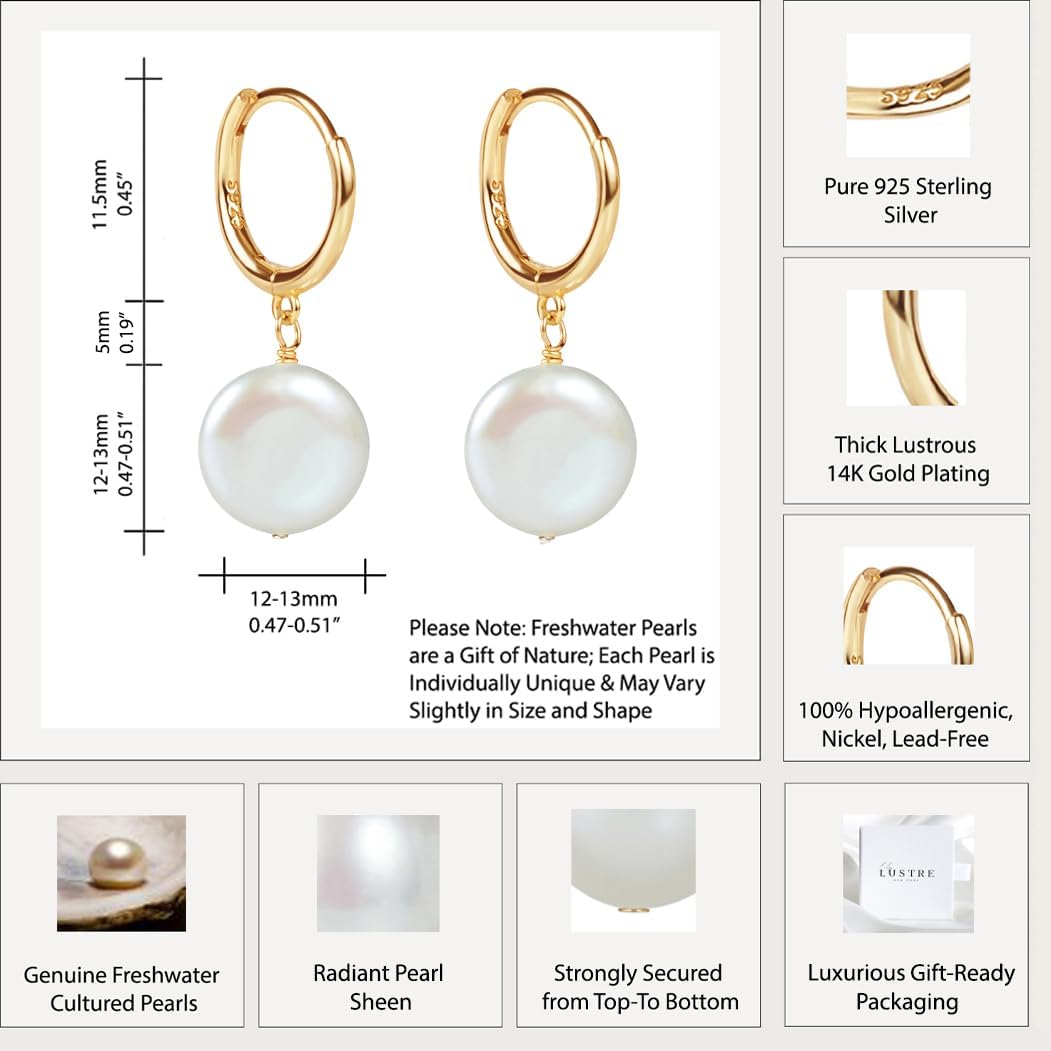 LILY LUSTRE Pearl Earrings for Women, 14k Gold Plated 925 Sterling Silver, AAAA Genuine Freshwater Cultured Pearls in Drop & Coin Shapes, Hoop & Leverback Styles - Image 4
