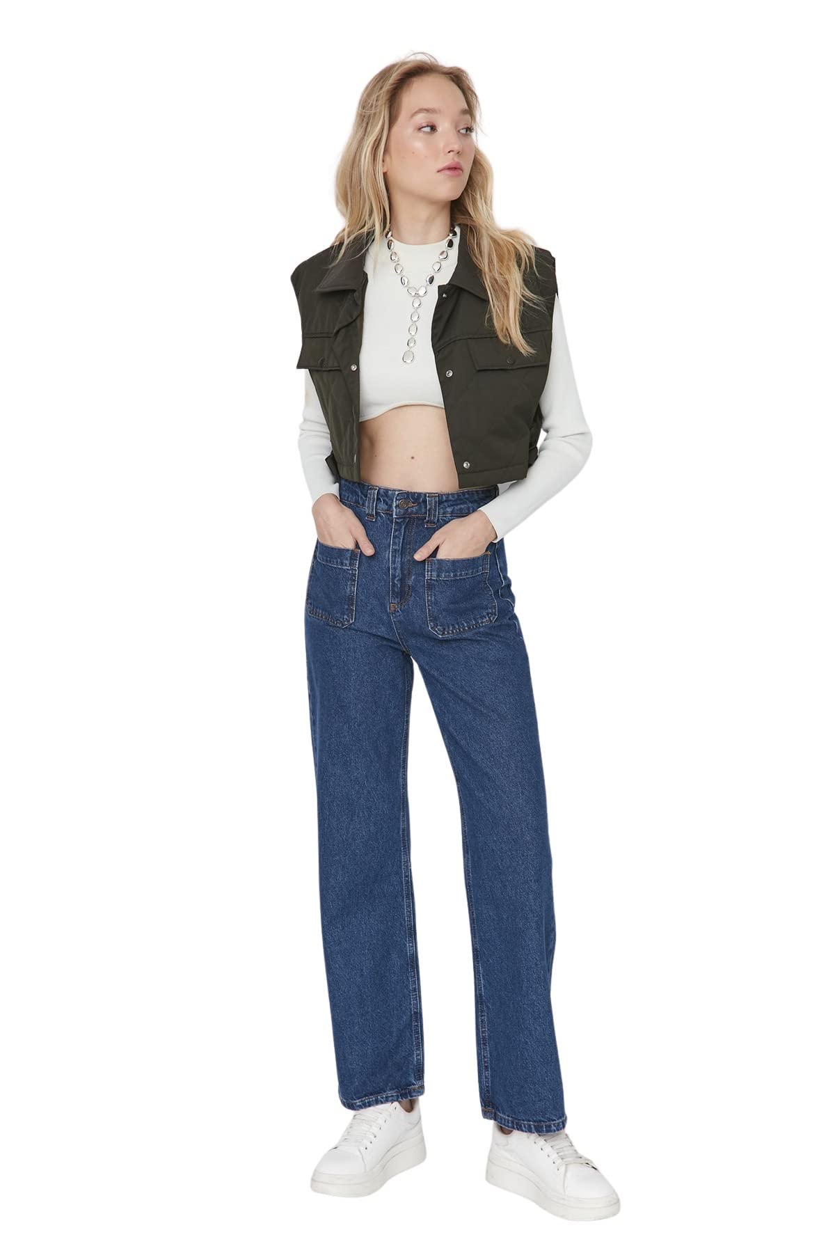 TRENDYOL Damen Trendyol Herren Mittlerer Bund Wide Leg Jeans, Blau, 40 EU