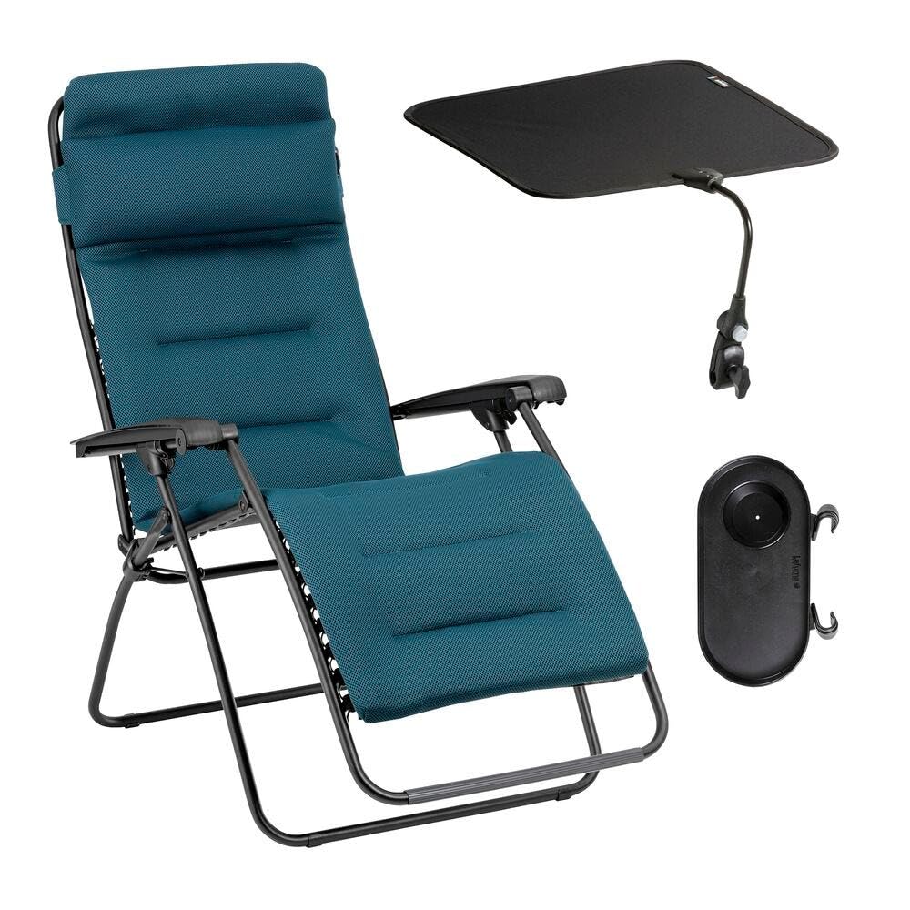 Lafuma Ensemble Fauteuil Relax Transat Jardin - Chaise Longue Matelassé avec Ombrelle Et Porte-​gobelet - Rsx Clip - Aircomfort® - Bleu Coral Blue Mobilier