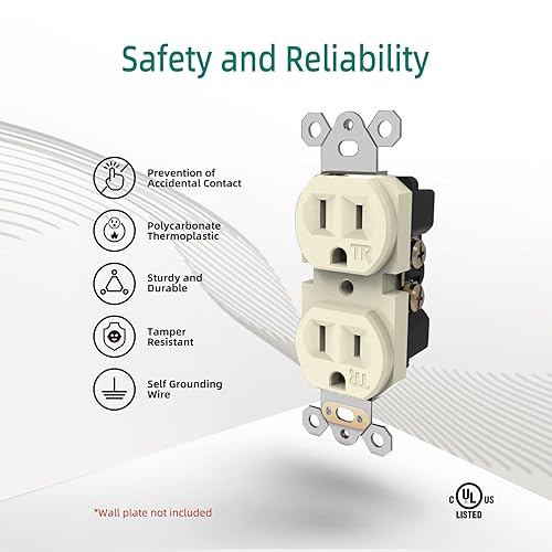 Miniatura 8 de Toma de corriente decorativa dúplex de 15 A, toma de pared eléctrica estándar, grado comercial, resistente a manipulaciones, 2 polos y 3 cables,