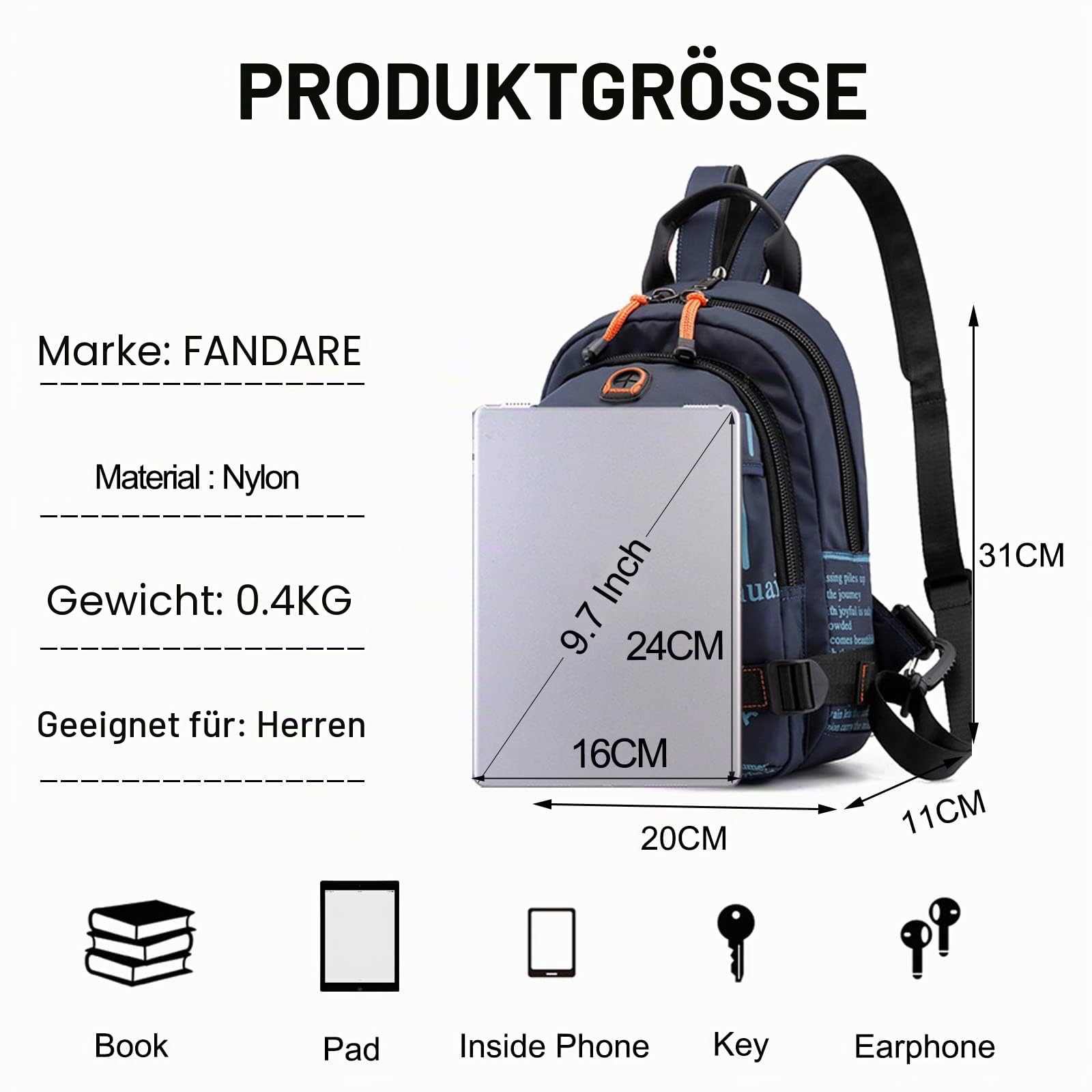 FANDARE Brusttasche Sling Bag Schulrucksack Sporttasche Herren Damen Schulranzen Umhängetaschen Crossover Rucksack Schultertasche Outdoor mit Kopfhörer-Loch & Abnehmbarer Schultergurt Blau