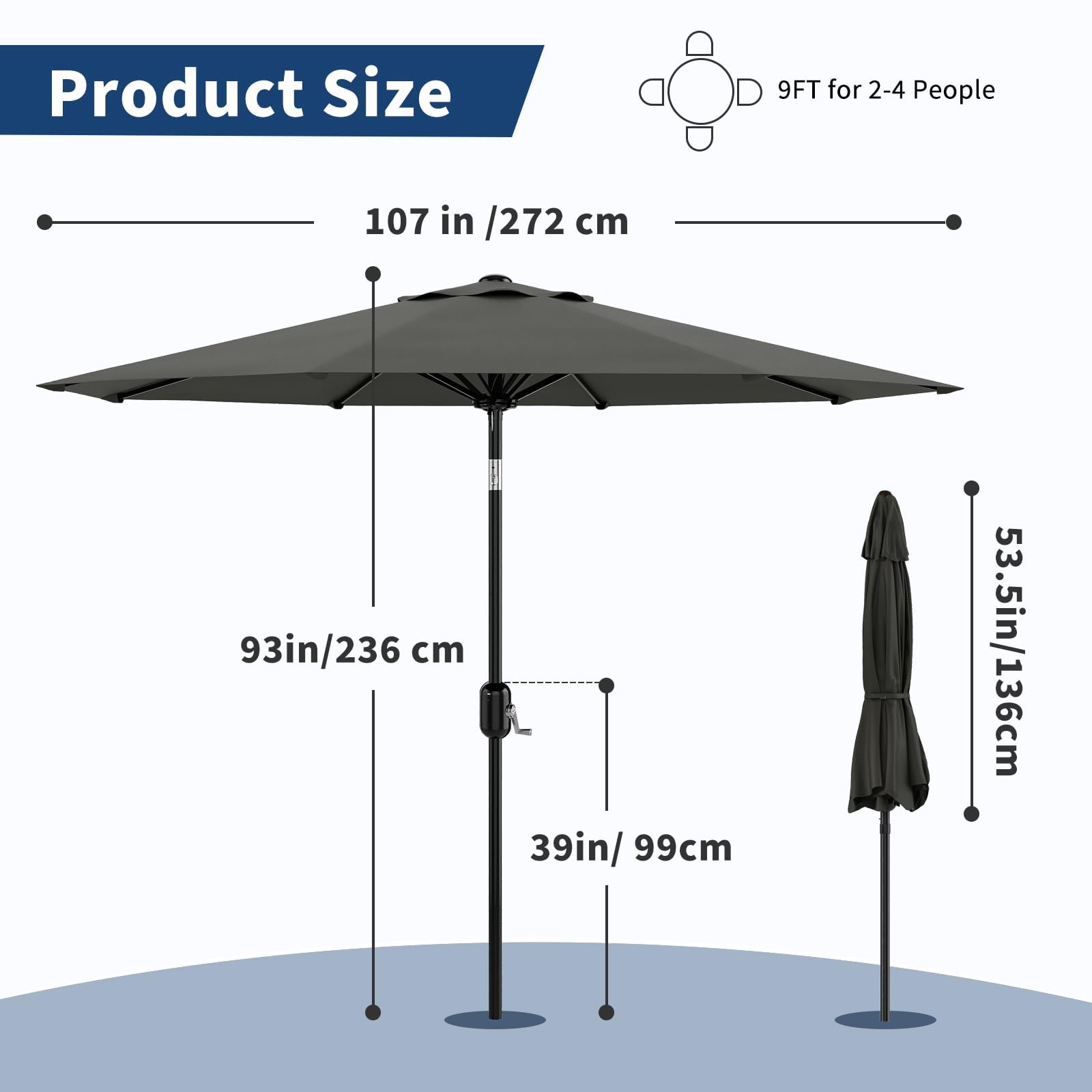 Garvee Parasol De Jardín 270 cm – Protección UV50+, Impermeable, 8 Varillas Robustas, Manivela y Inclinación Regulable – Ideal Para Terraza, Balcón, Piscina y Exterior