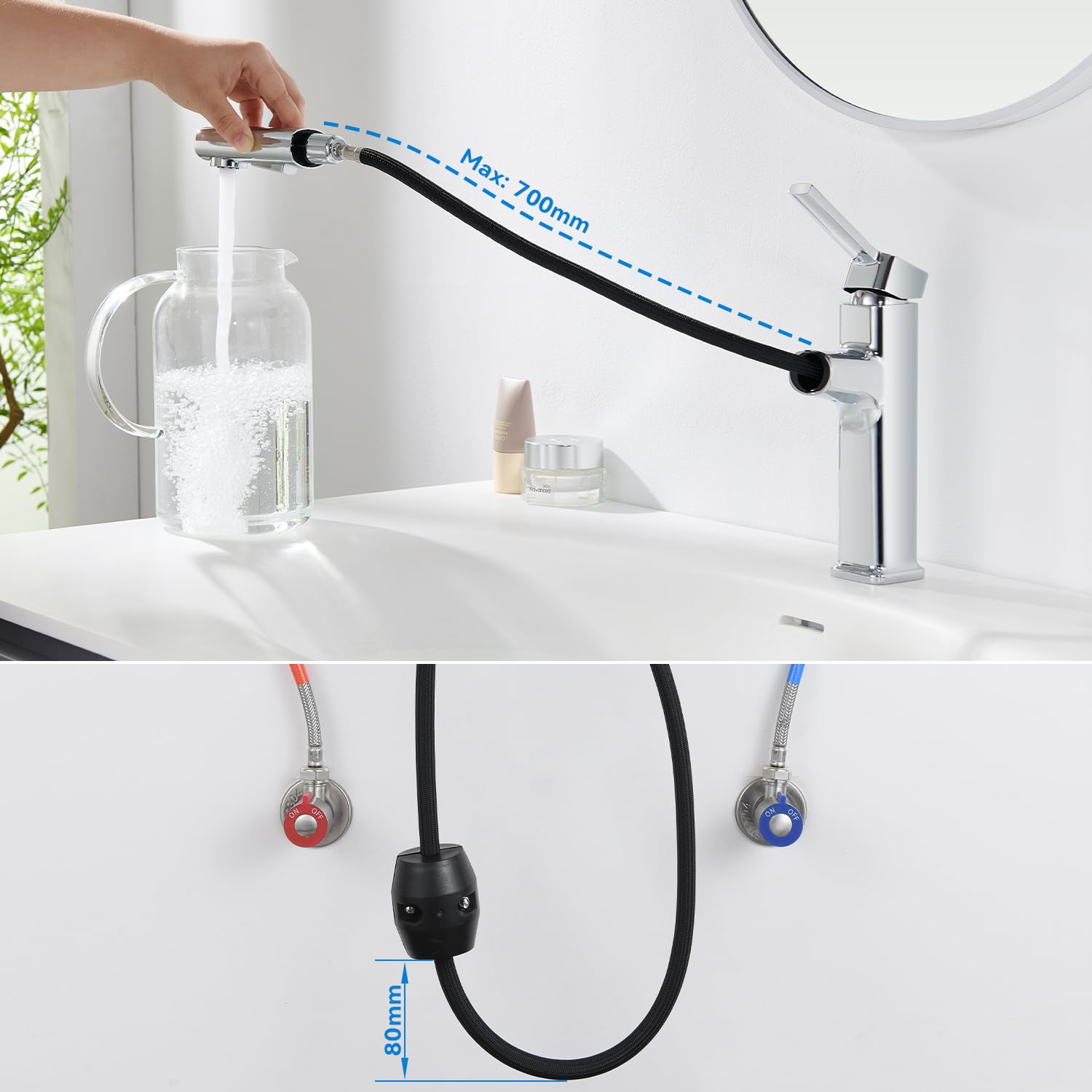 Wasserhahn Bad mit Ausziehbar Brause, Armatur Badezimmer Chrom, Waschtischarmatur mit 2 Strahlarten, Waschbecken Armaturen Einhebelmischer Mischbatterie für Kaltes & Heißes Wasser
