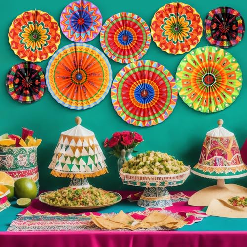 Image of Outus Mexican Fiesta Hanging Paper Fans Decorations | Fiesta Party Supplies Cinco De Mayo Ceiling Wall Decor for Taco Tuesday Event Decor Luau Event Photo Prop Carnival Supplies