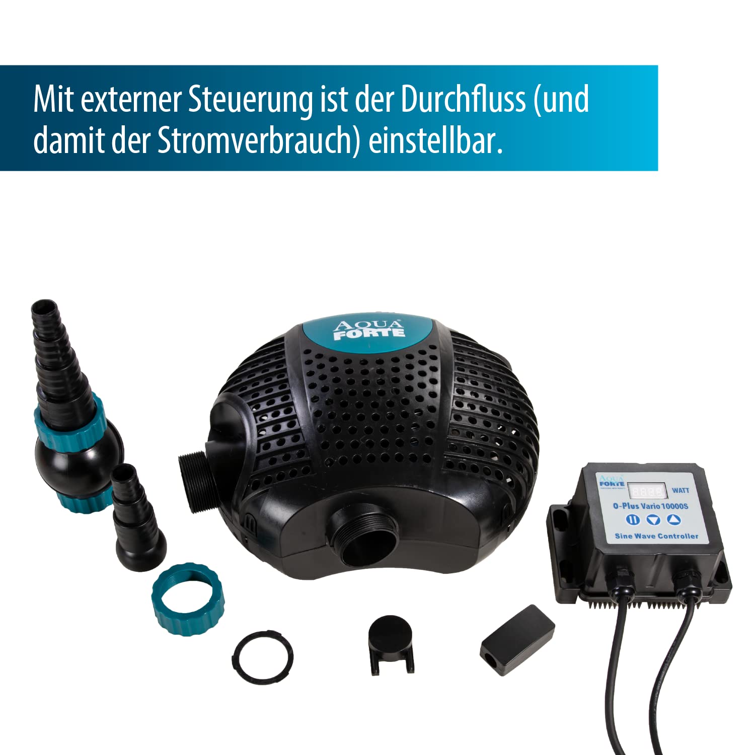 AquaForte O-Plus Vario 10.000 S, mit externer Steuerung, Durchfluss 6 bis 10 m3/ Stunde, Maximale Förderhöhe 5.5 m, 34-85 Watt, Zulauf 1½ zoll + 2 zoll, Ablauf 2 zoll, mit Trockenlaufschutz