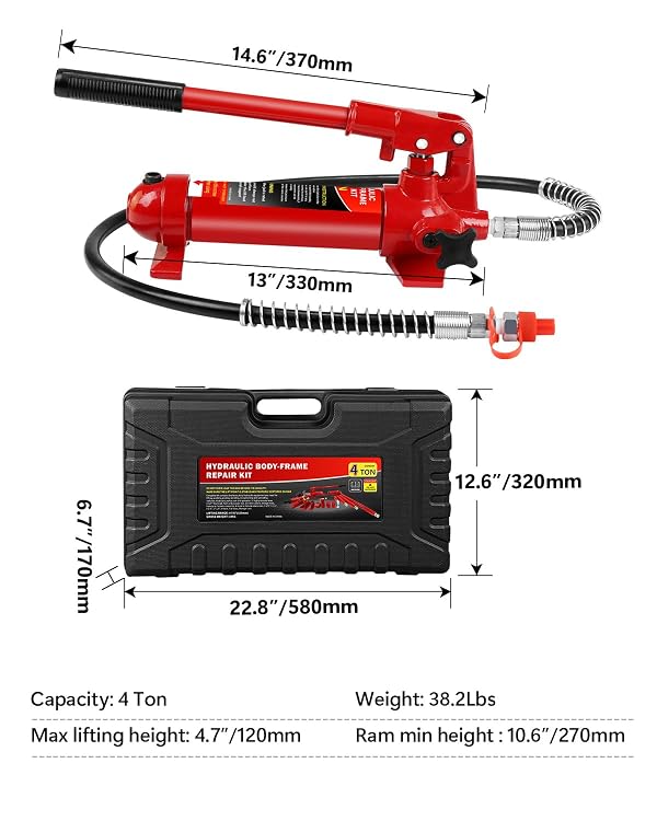 4 Ton Porta Power Hydraulic Jack Kit - 8000LBS Heavy Duty Car Lift with 17-Piece Accessories for Auto Repair, Frame Straightening & Equipment Maintenance - Includes 1.25M Hose & Carrying Case by EliteEdge - Image 3