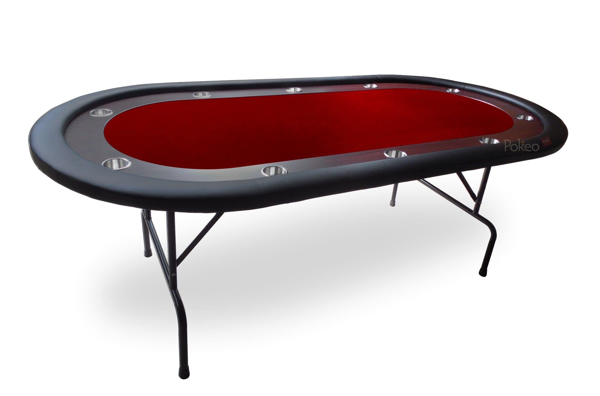 Mesa de Póker Plegable para 10 Jugadores – 215×110 cm – Patas Acero Plegables – Apoyabrazos Cuero Sintético – Riel Perimetral Madera – 10 Portavasos – Roja