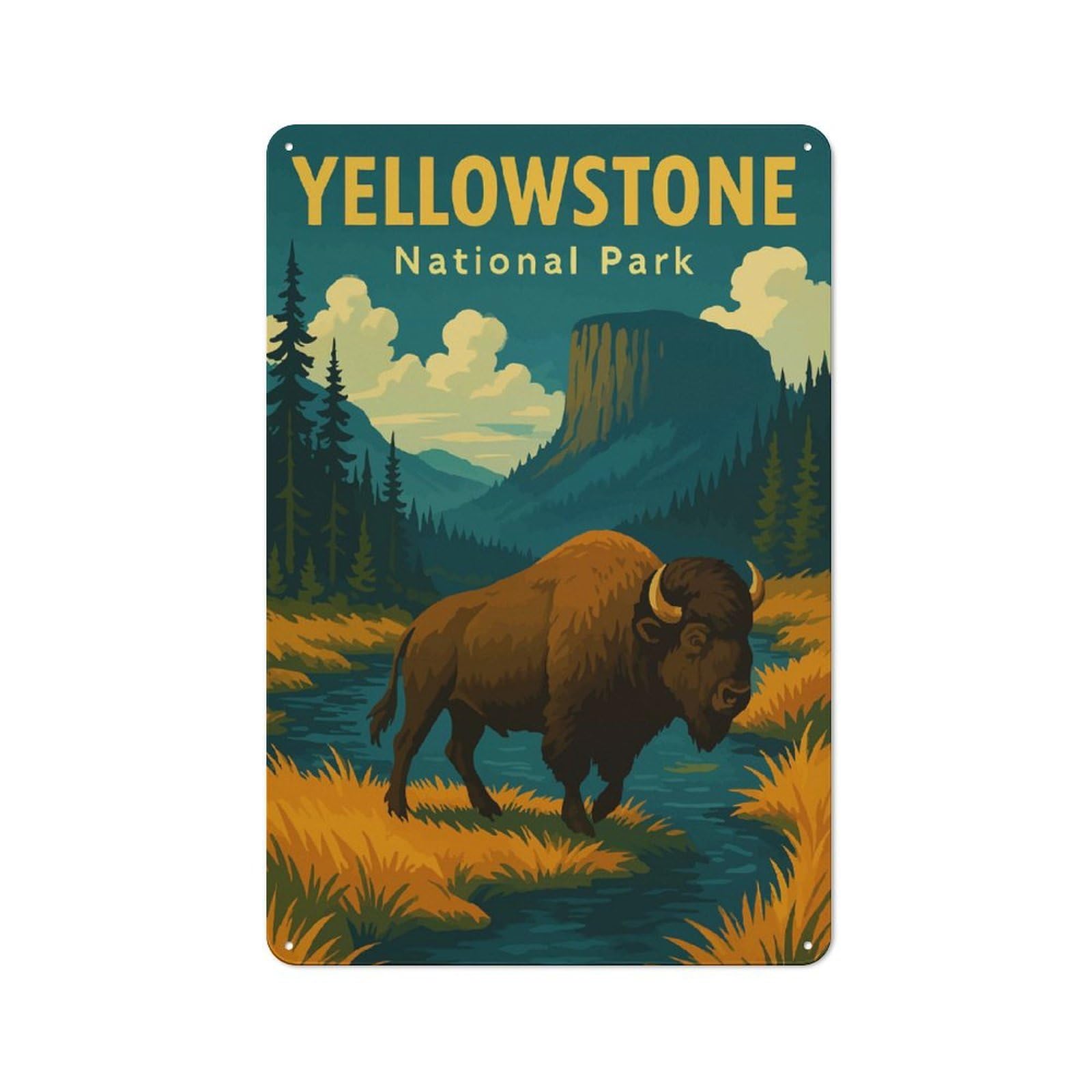 Junmoney Style-18 For Living Room Or Hallway, Yellowstone National Park Bison Vintage Poster – Retro Wildlife Travel Art Print Vintage Metal Plaque 30X20cm, For Vintage Wall Decor Fans, For Metal Sign Collectors