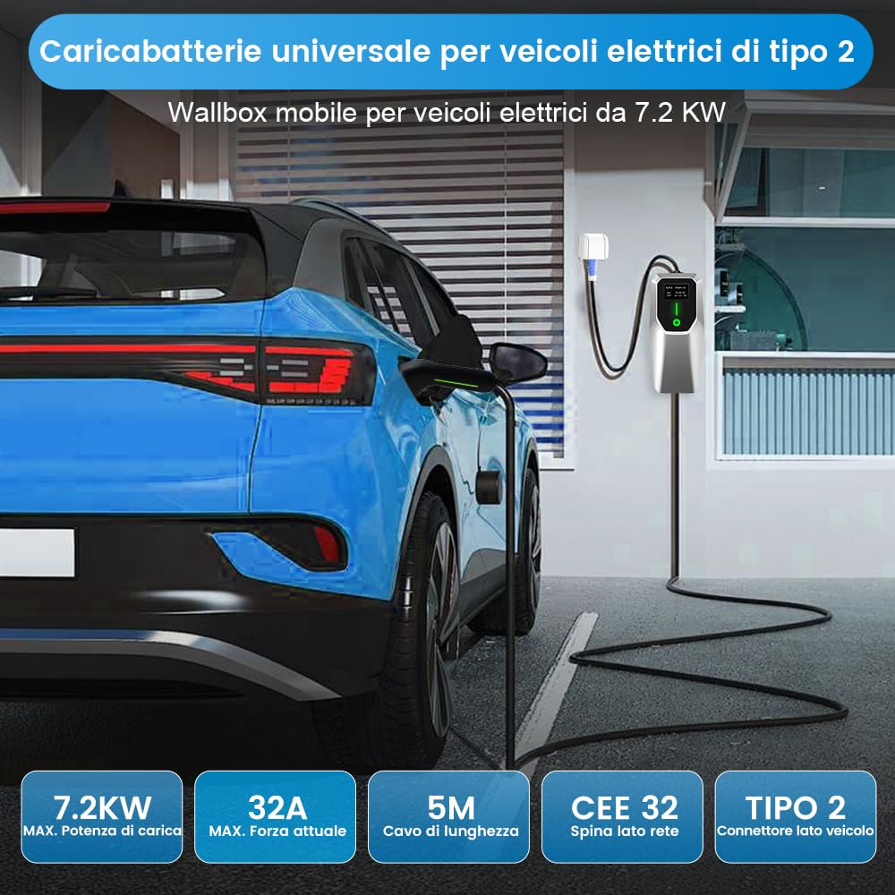 AWESAFE Caricabatterie per Veicoli elettrici, EV Charger Cavo Ricarica Auto elettrica Tipo 2,con Spina Blu CEE (Tipo 2 | 5M, 7,2KW | 32A) Adatto per Model Y/3, 500e, e-208 e Altri EV/PHEV