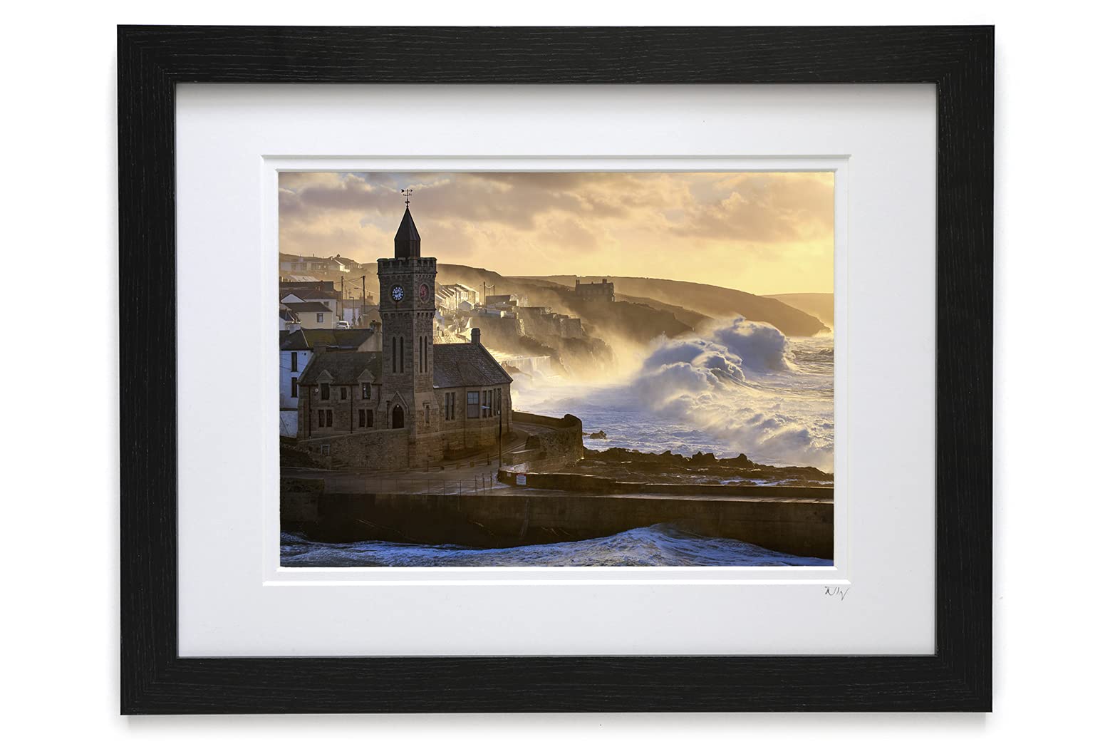 Mounted or framed photograph featuring a stormy morning at Porthleven in Cornwall in a choice of colour photography photo sizes.